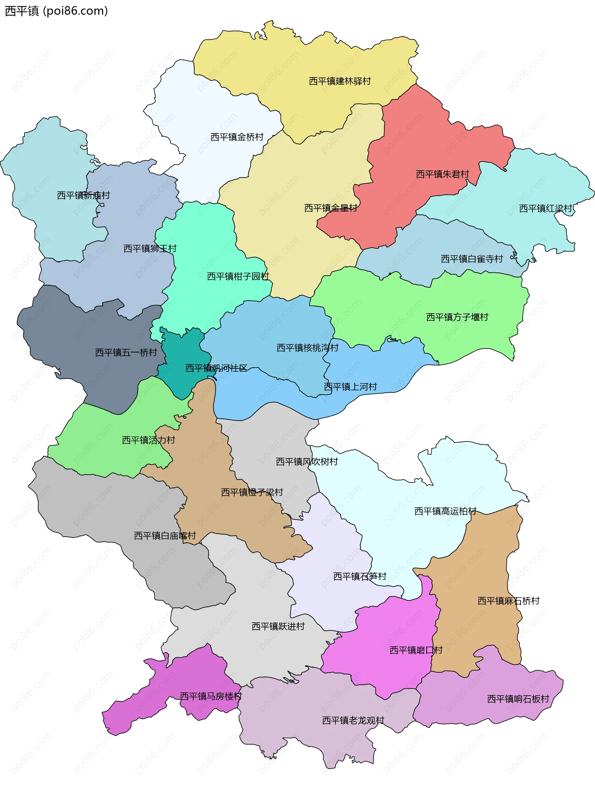 西平镇边界地图(五级行政区划)