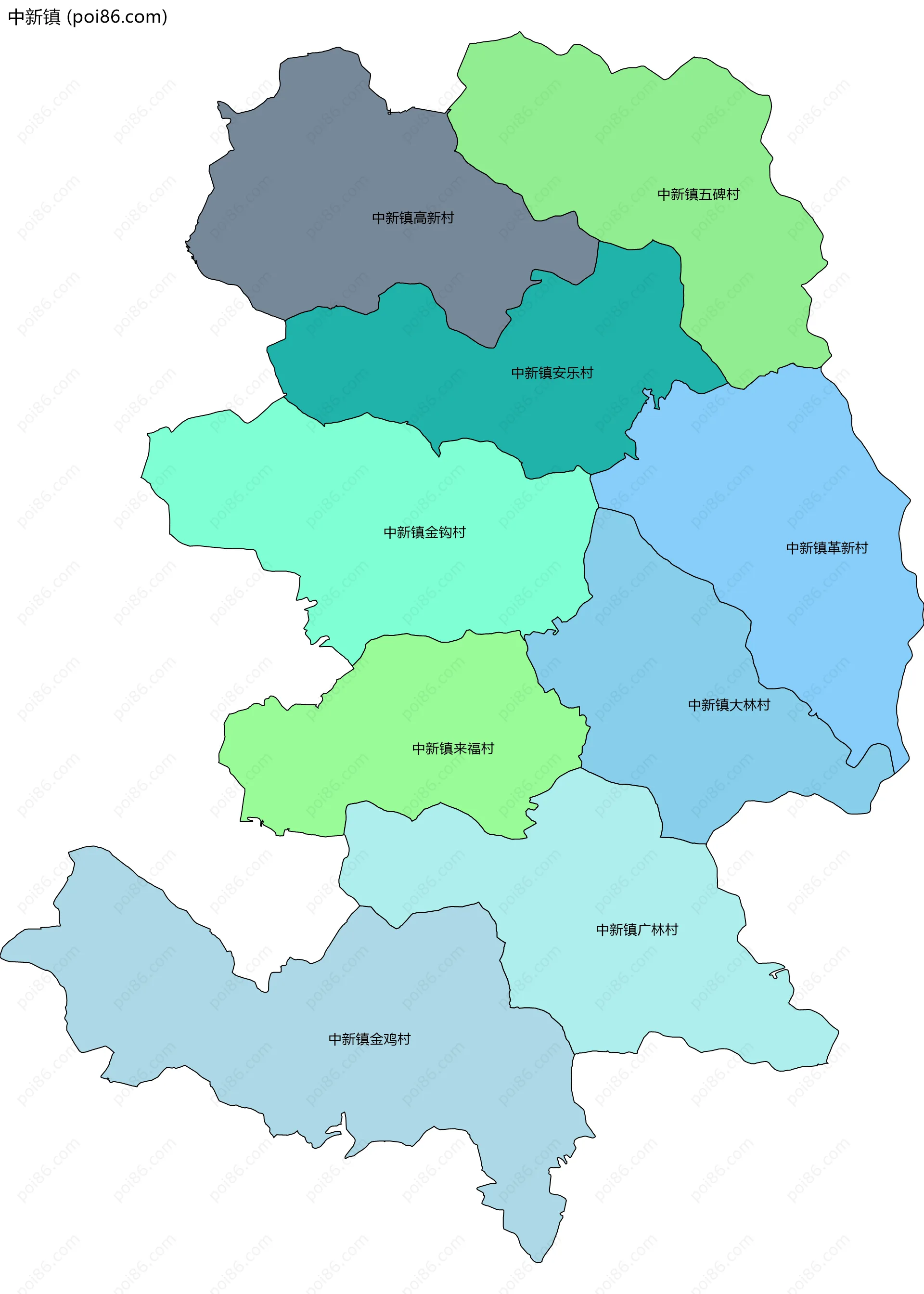 中新镇边界地图(五级行政区划)