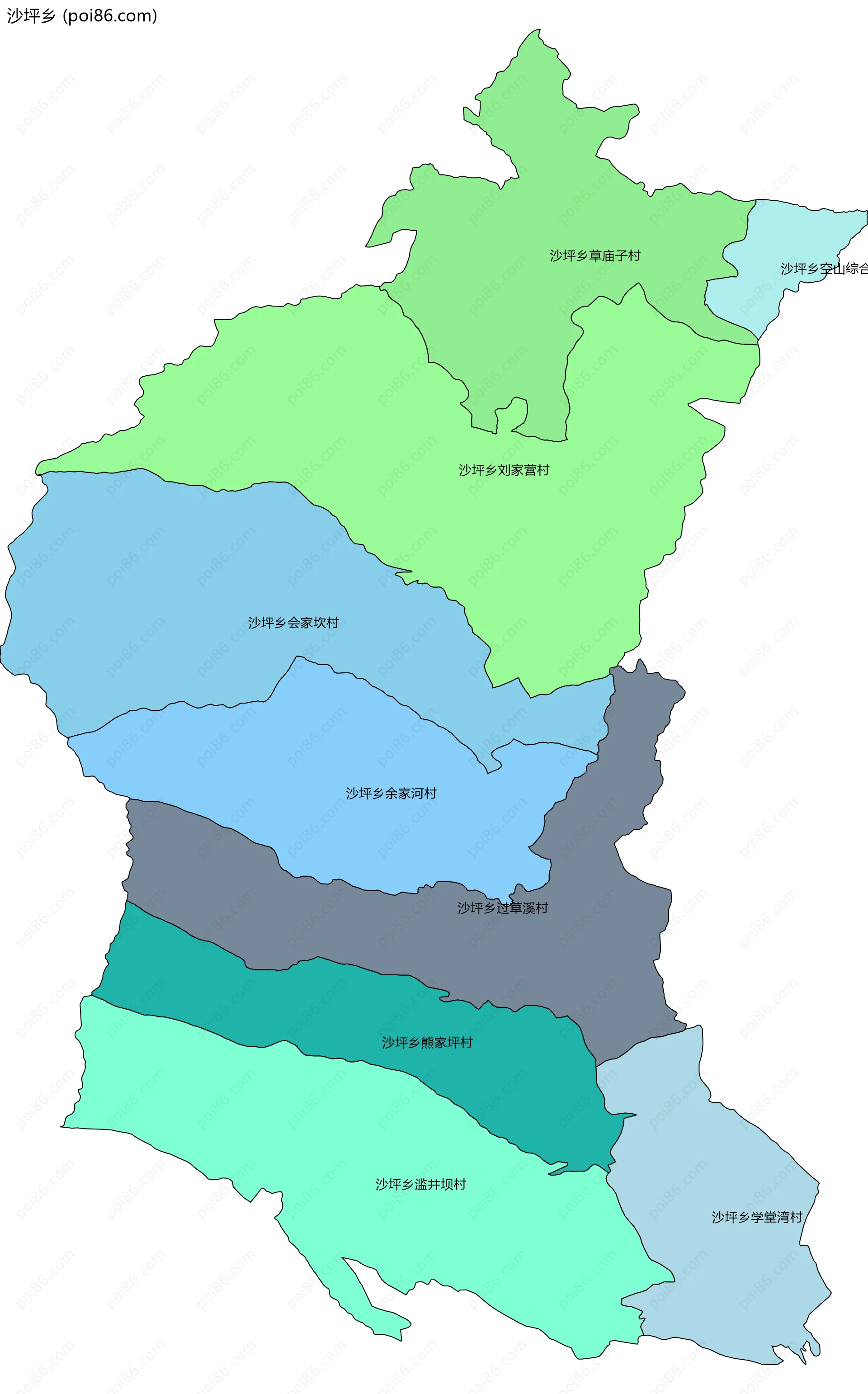 沙坪乡边界地图(五级行政区划)