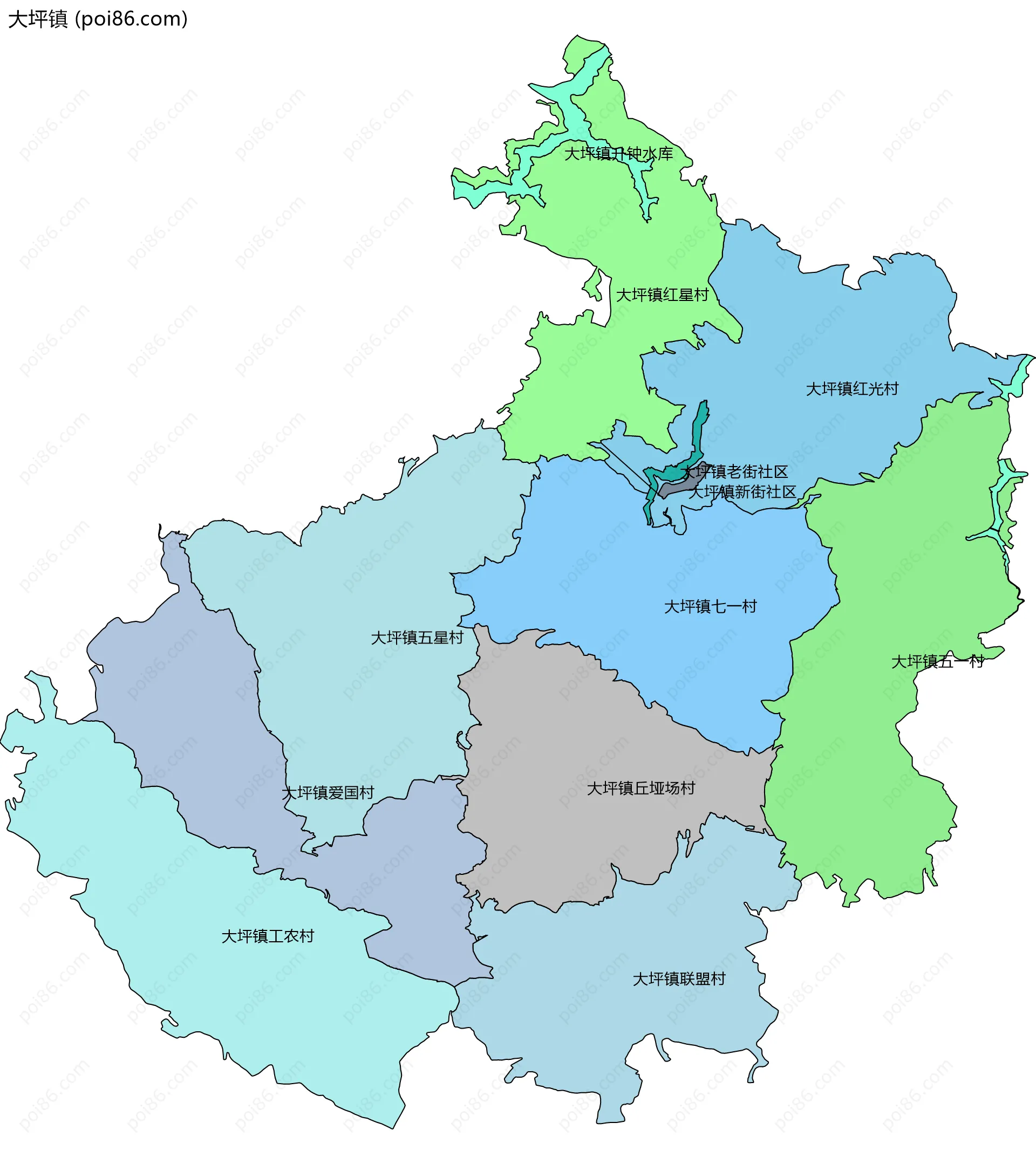 大坪镇边界地图(五级行政区划)