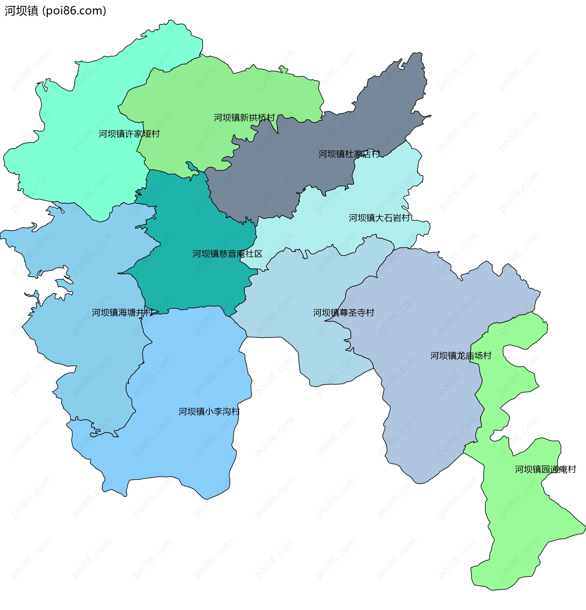 河坝镇边界地图(五级行政区划)