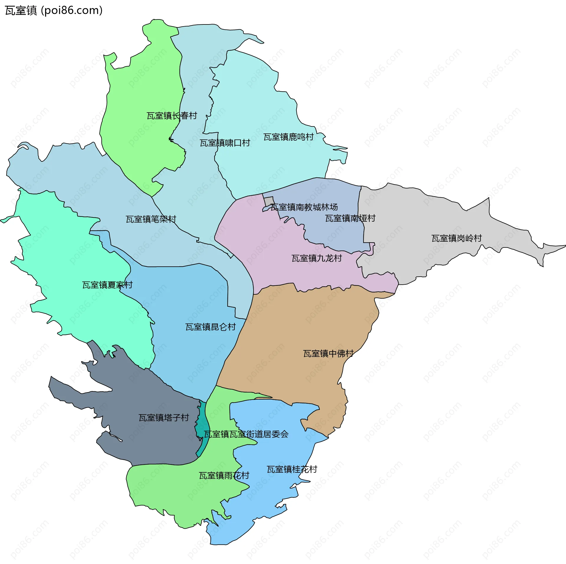 瓦室镇边界地图(五级行政区划)