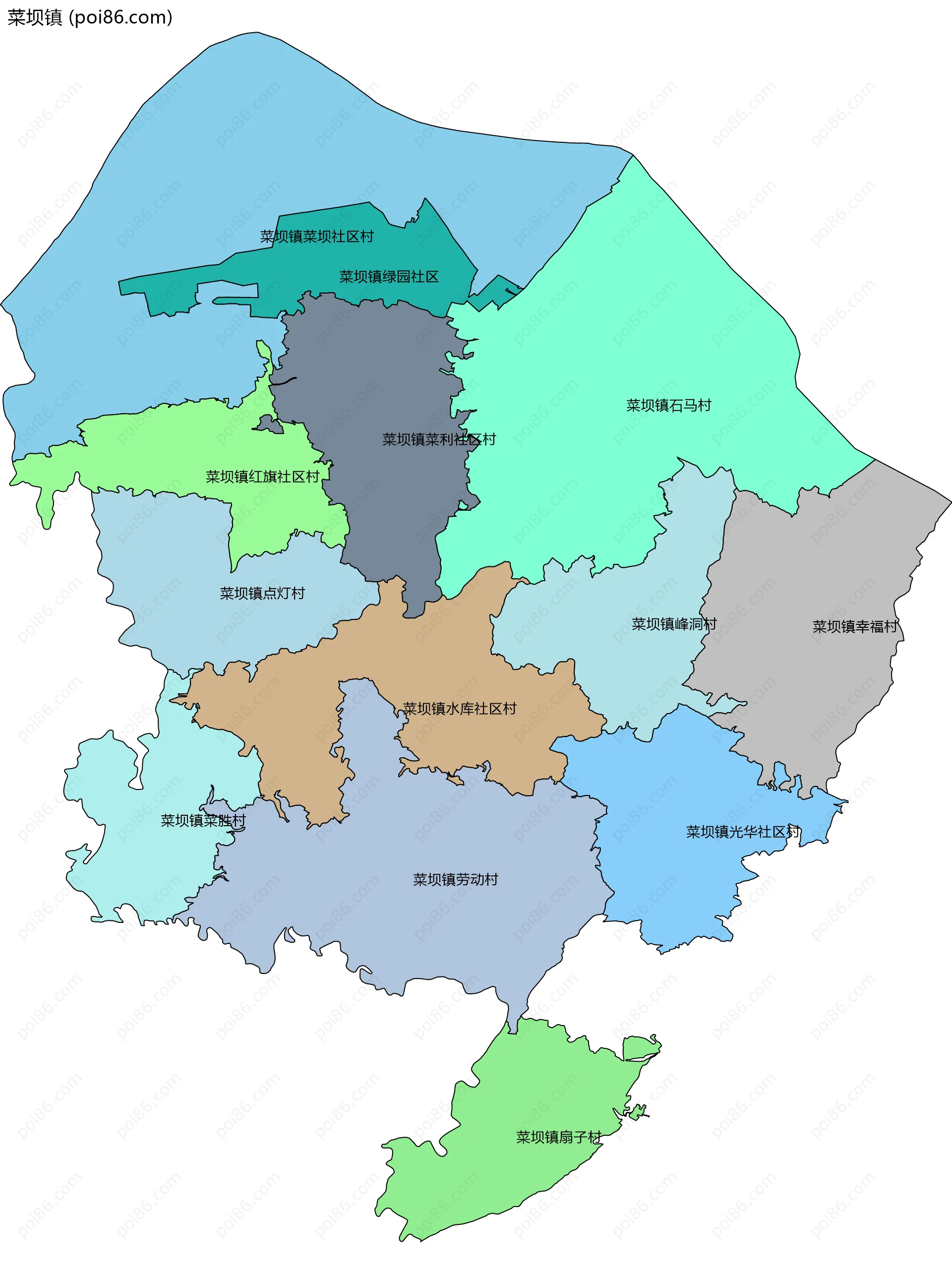 菜坝镇边界地图(五级行政区划)