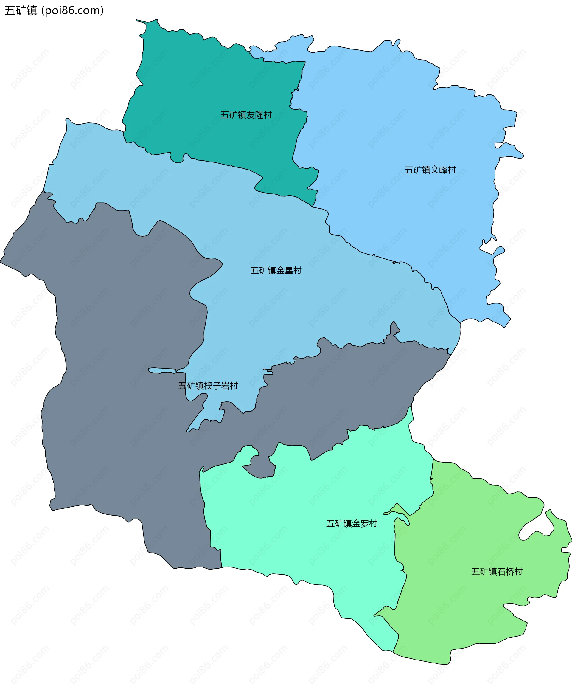 五矿镇边界地图(五级行政区划)