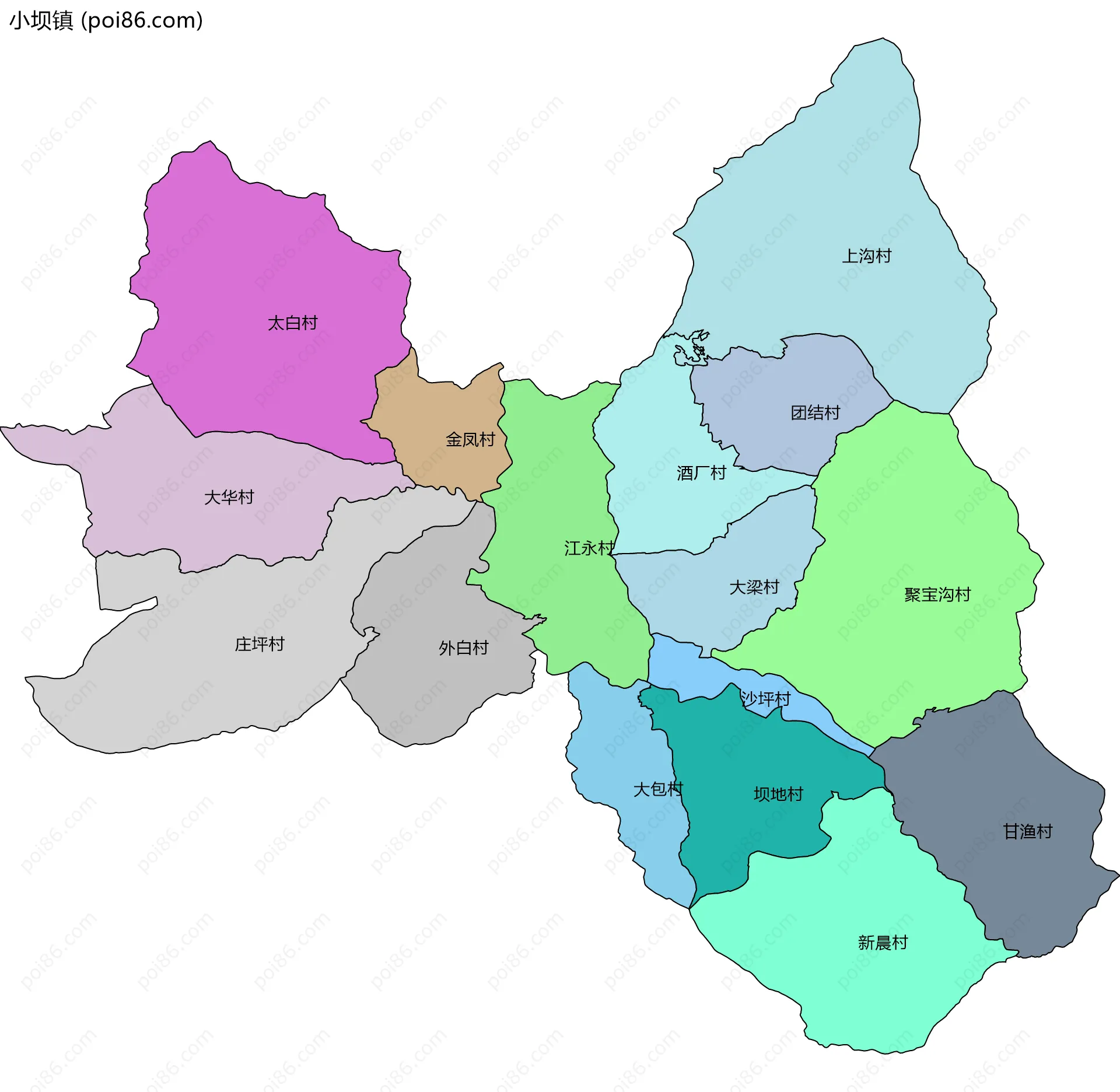 小坝镇边界地图(五级行政区划)