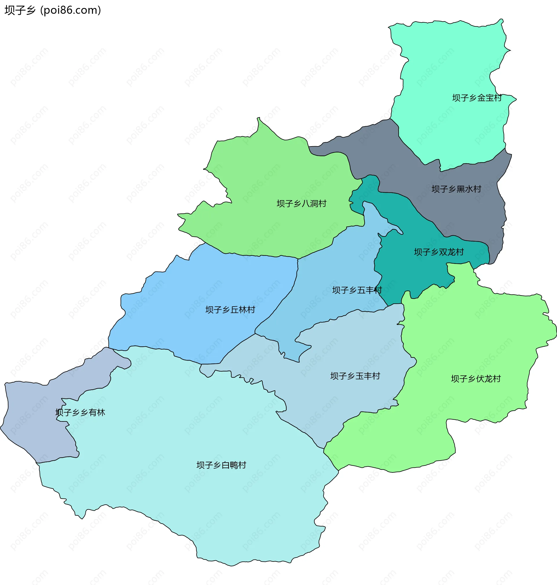 坝子乡边界地图(五级行政区划)