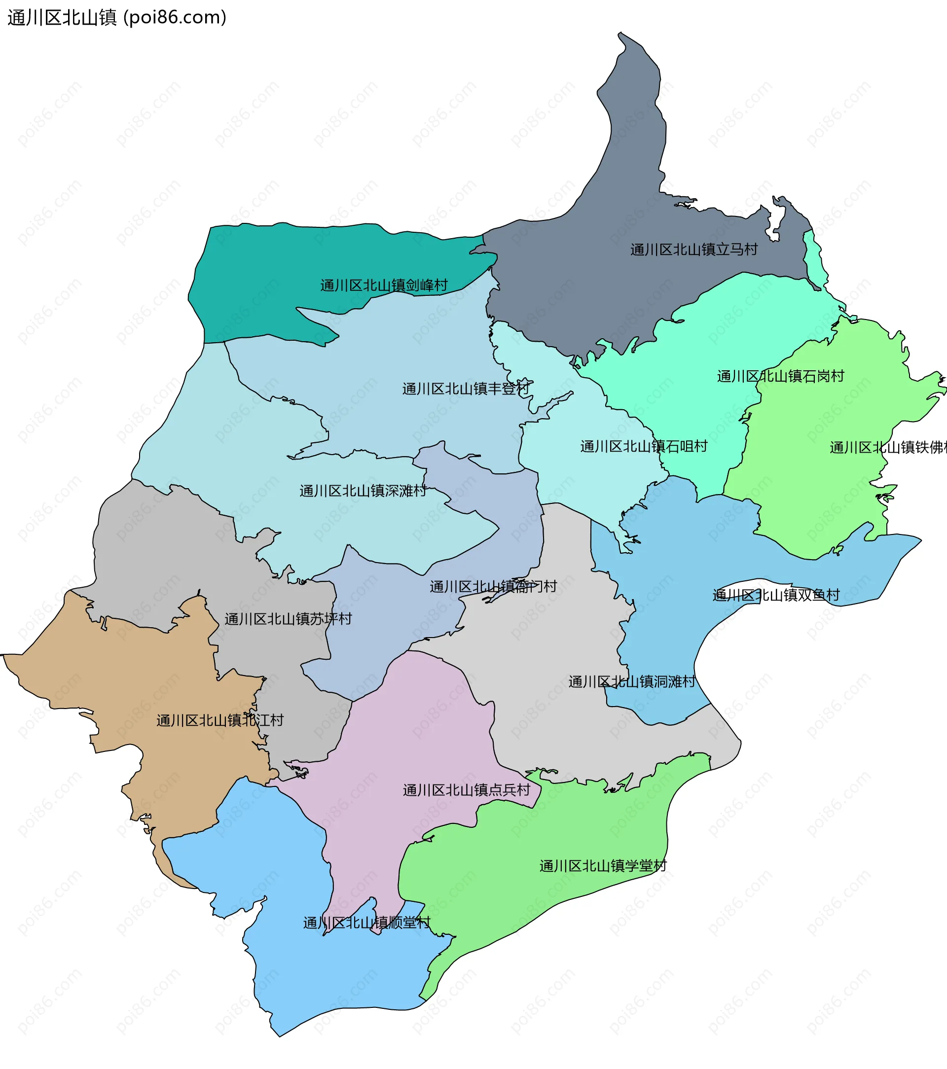 通川区北山镇边界地图(五级行政区划)