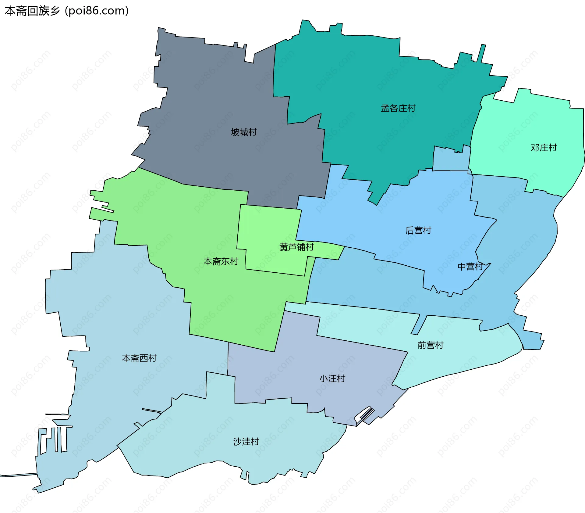 本斋回族乡边界地图(五级行政区划)