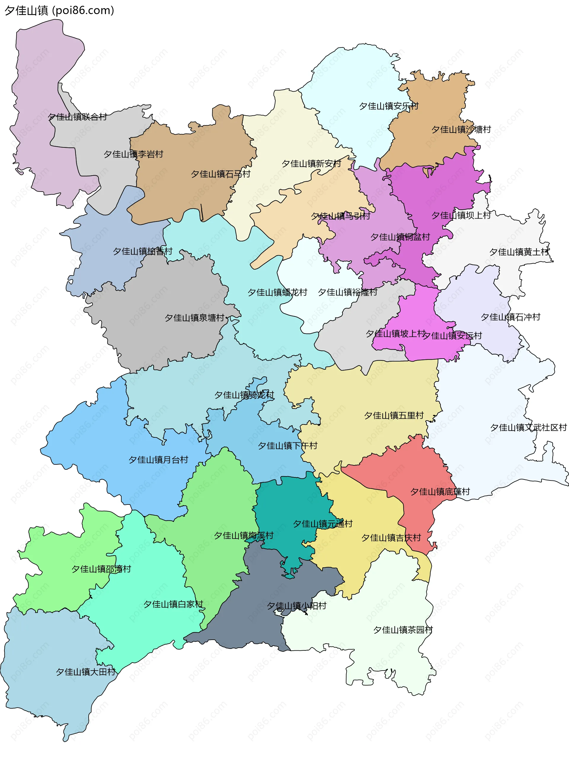 夕佳山镇边界地图(五级行政区划)
