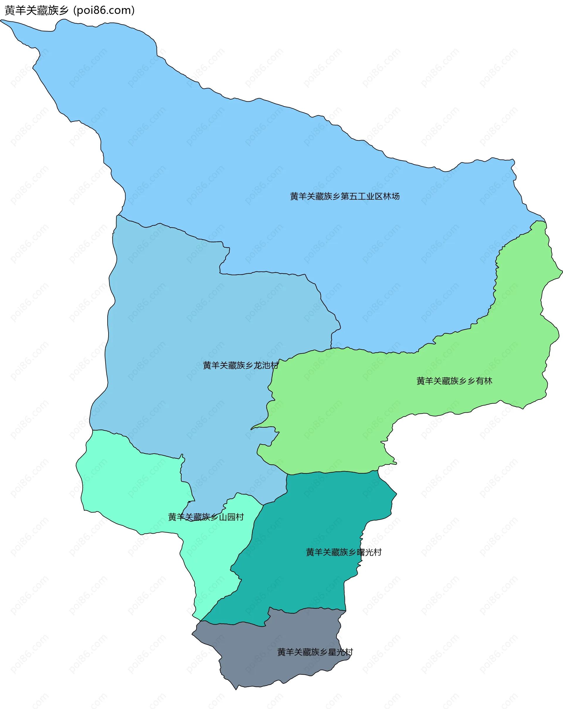 黄羊关藏族乡边界地图(五级行政区划)