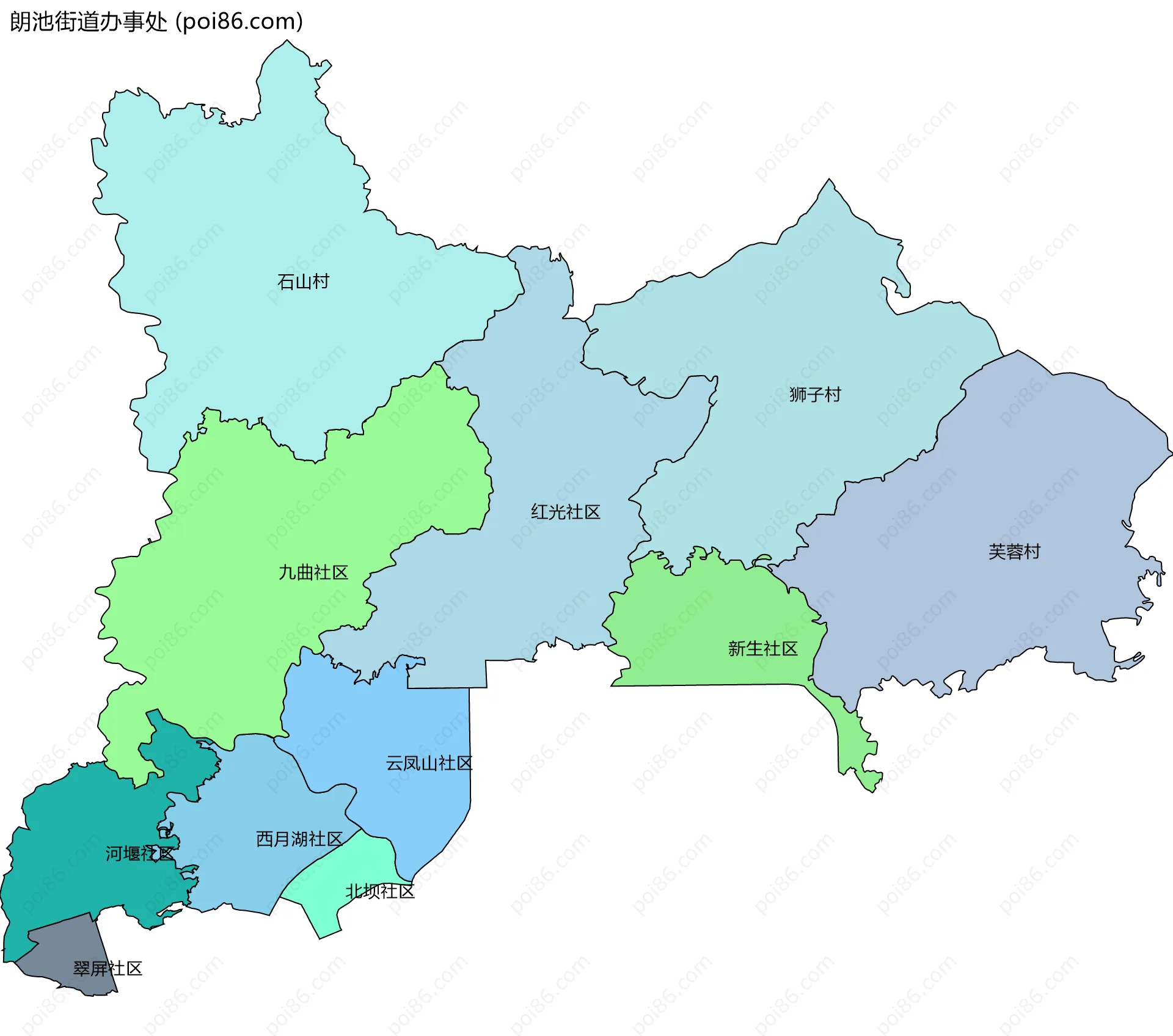 朗池街道办事处边界地图(五级行政区划)