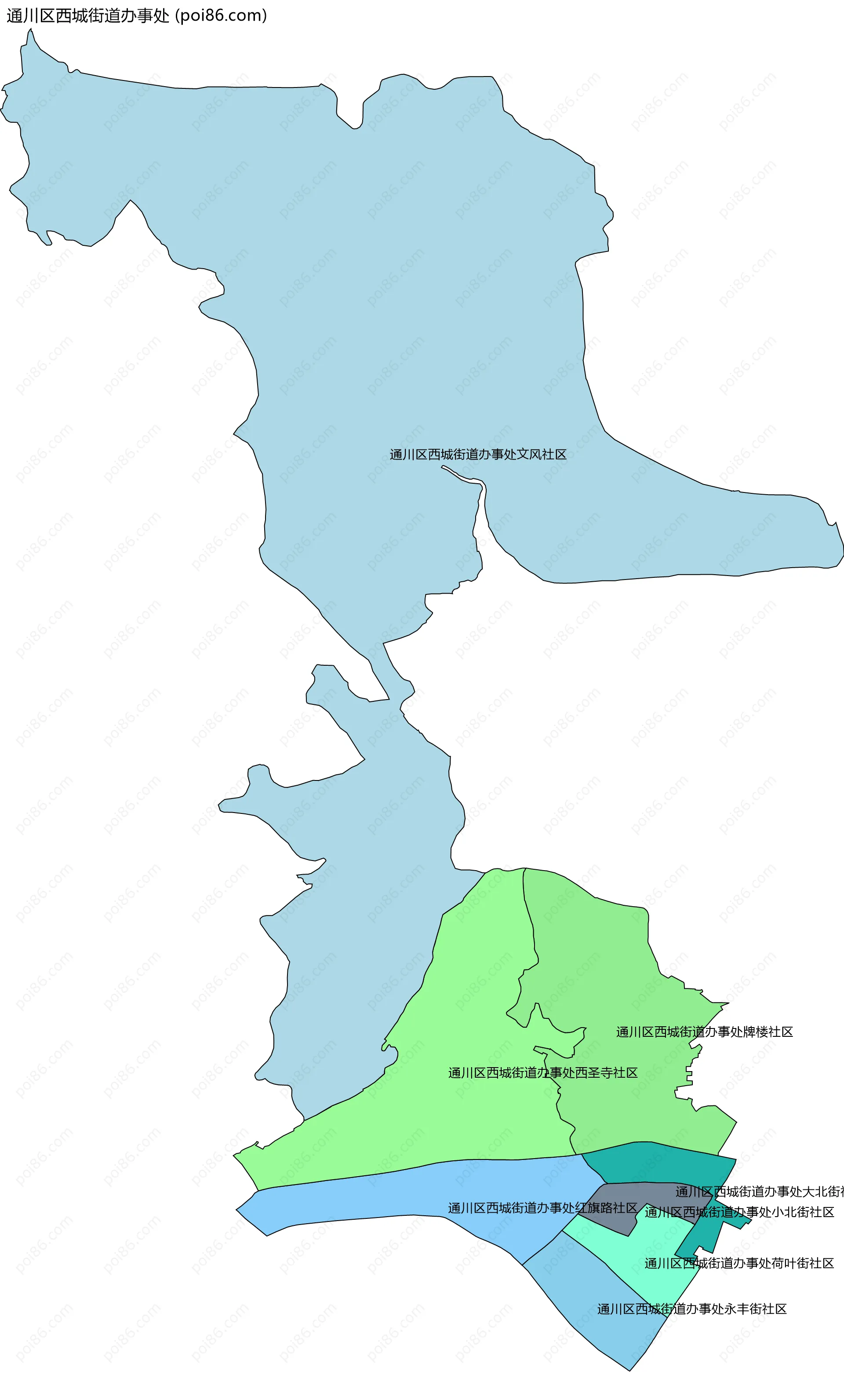 通川区西城街道办事处边界地图(五级行政区划)