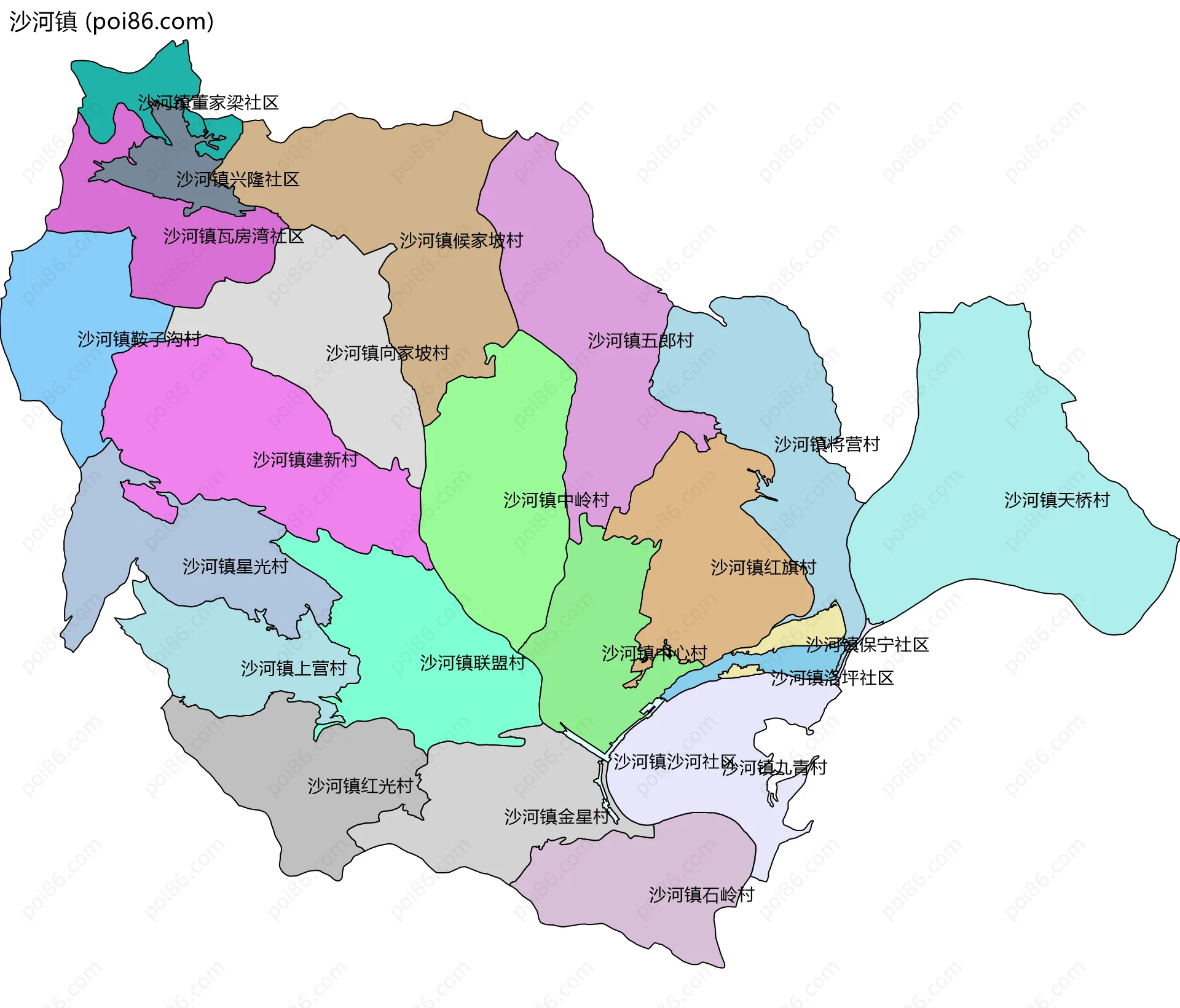 沙河镇边界地图(五级行政区划)