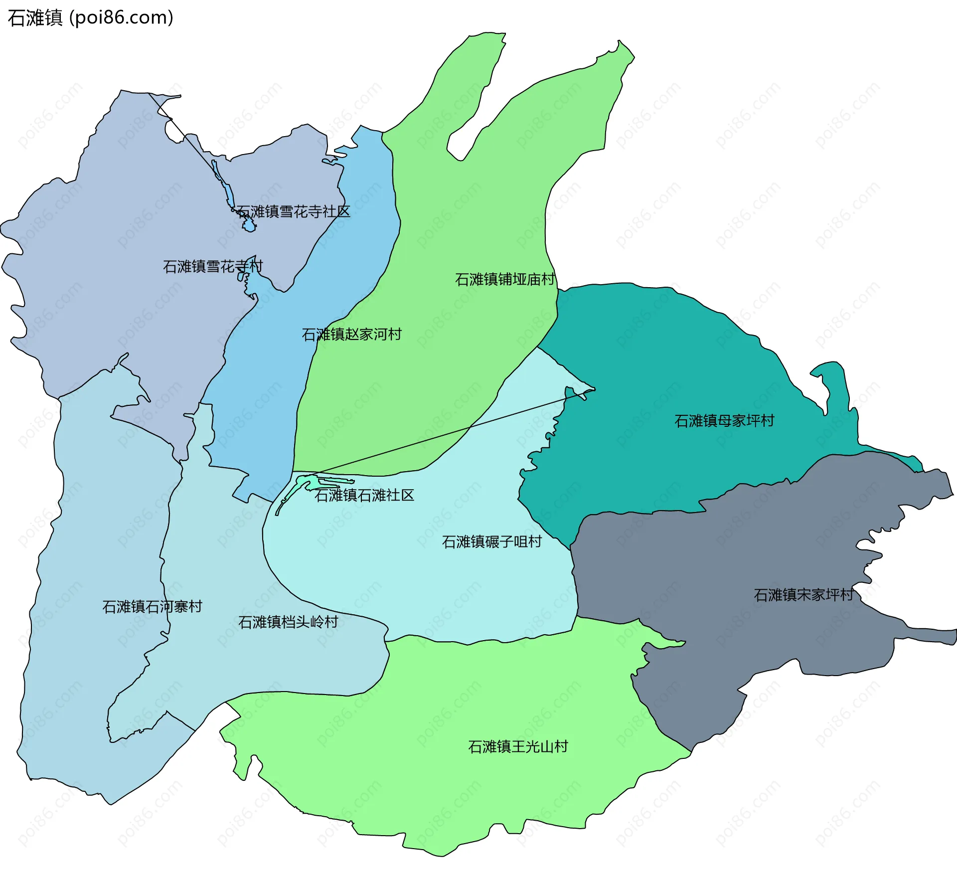 石滩镇边界地图(五级行政区划)