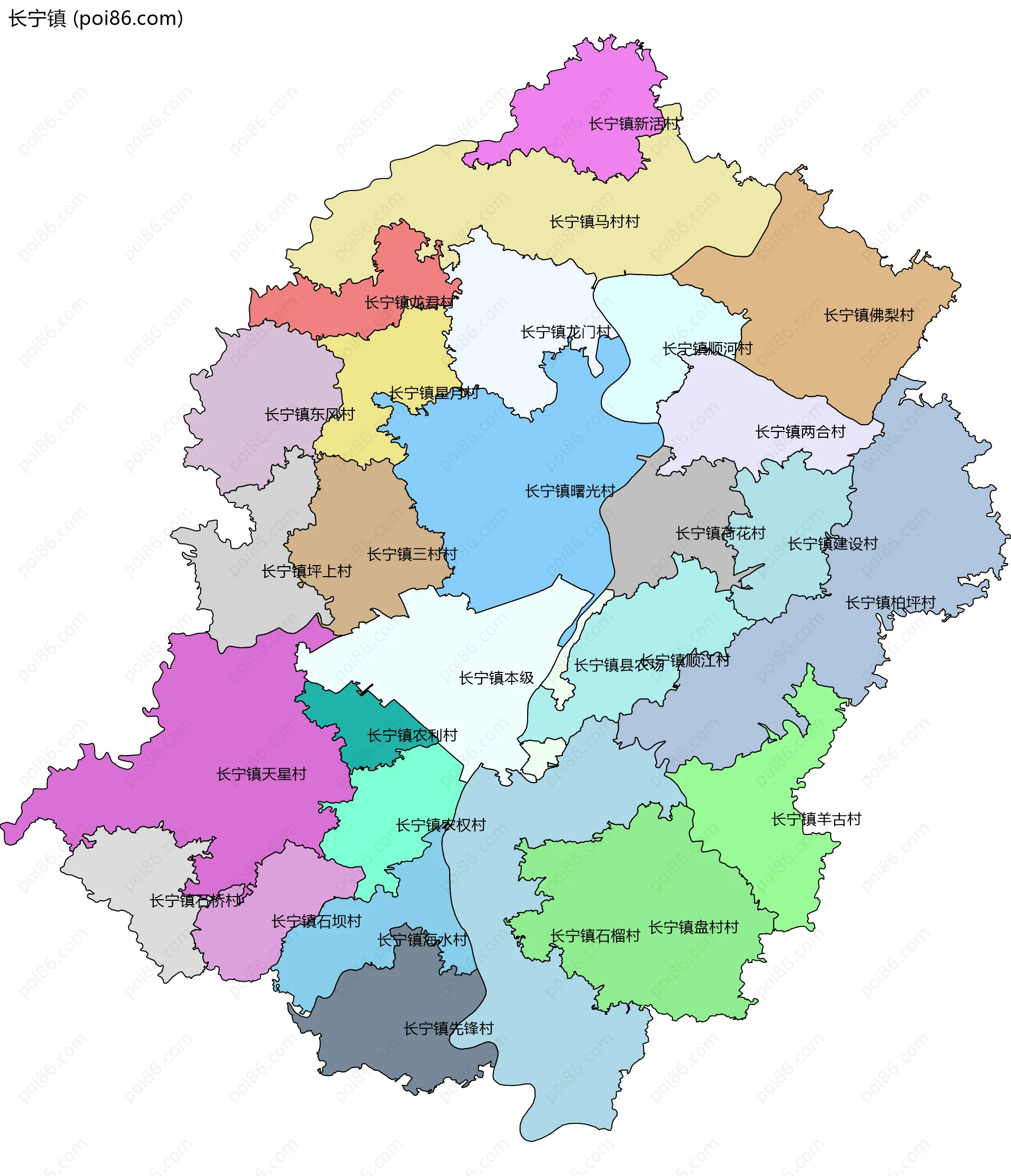 长宁镇边界地图(五级行政区划)