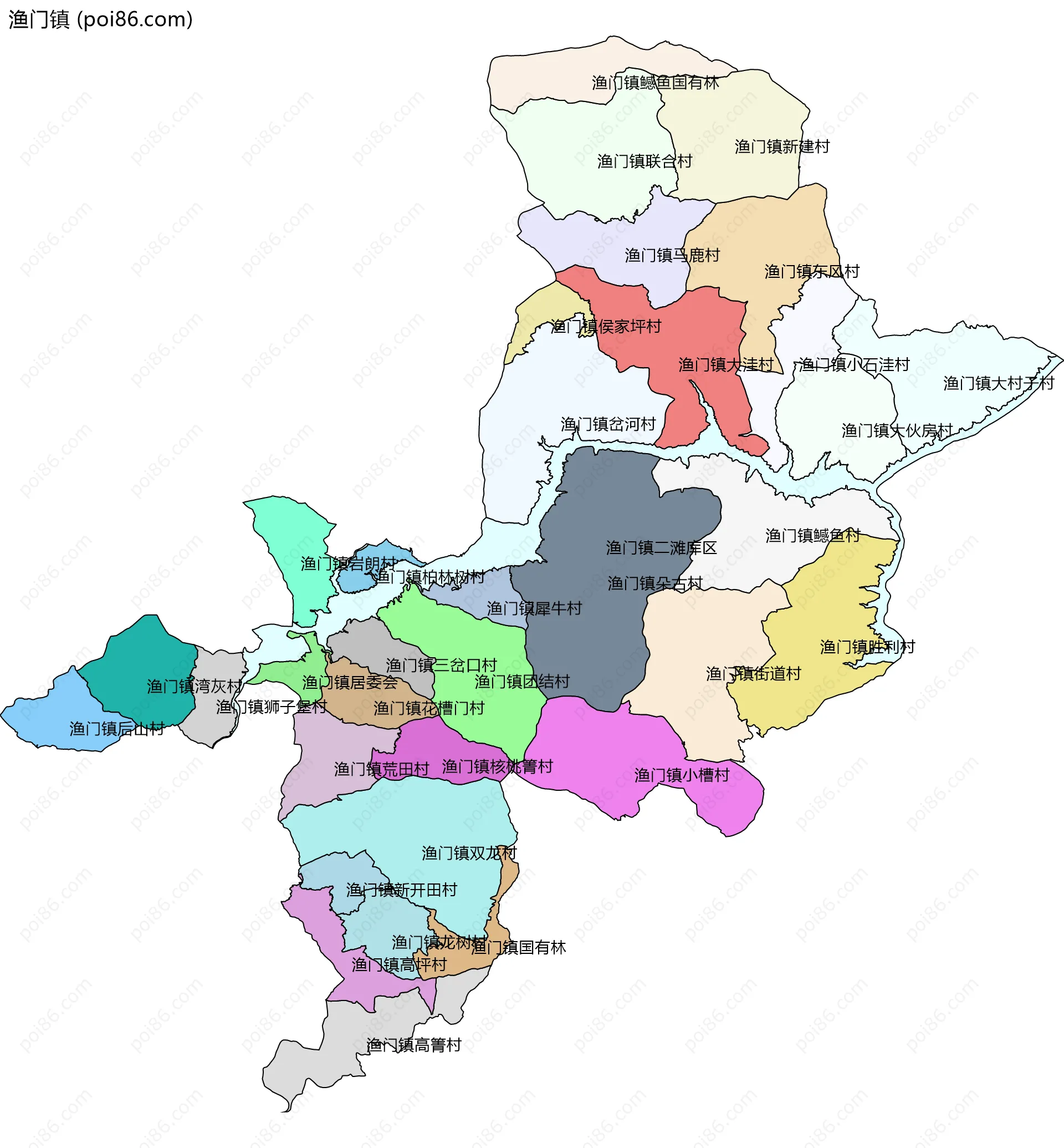 渔门镇边界地图(五级行政区划)