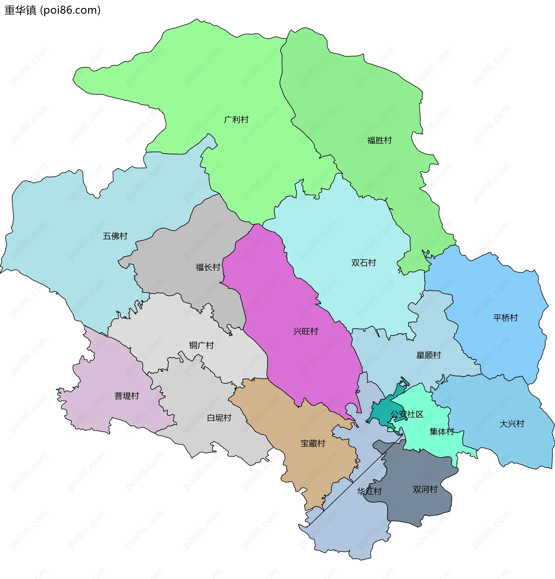 重华镇边界地图(五级行政区划)