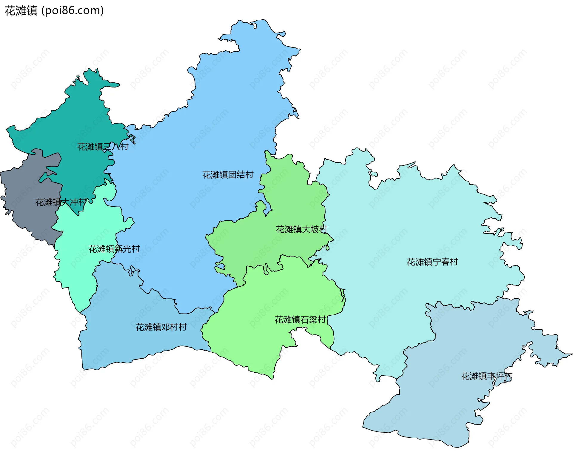 花滩镇边界地图(五级行政区划)