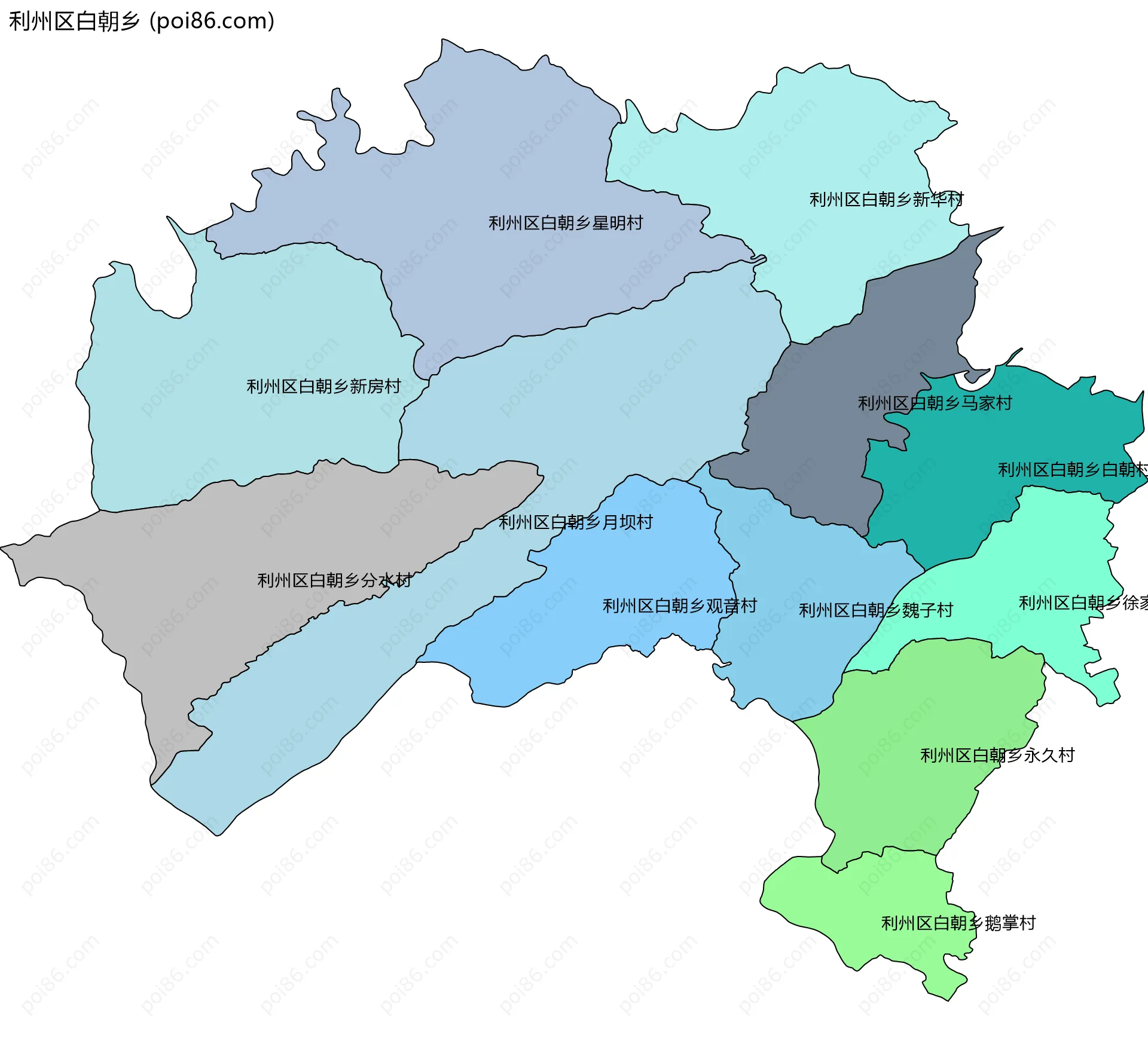 利州区白朝乡边界地图(五级行政区划)