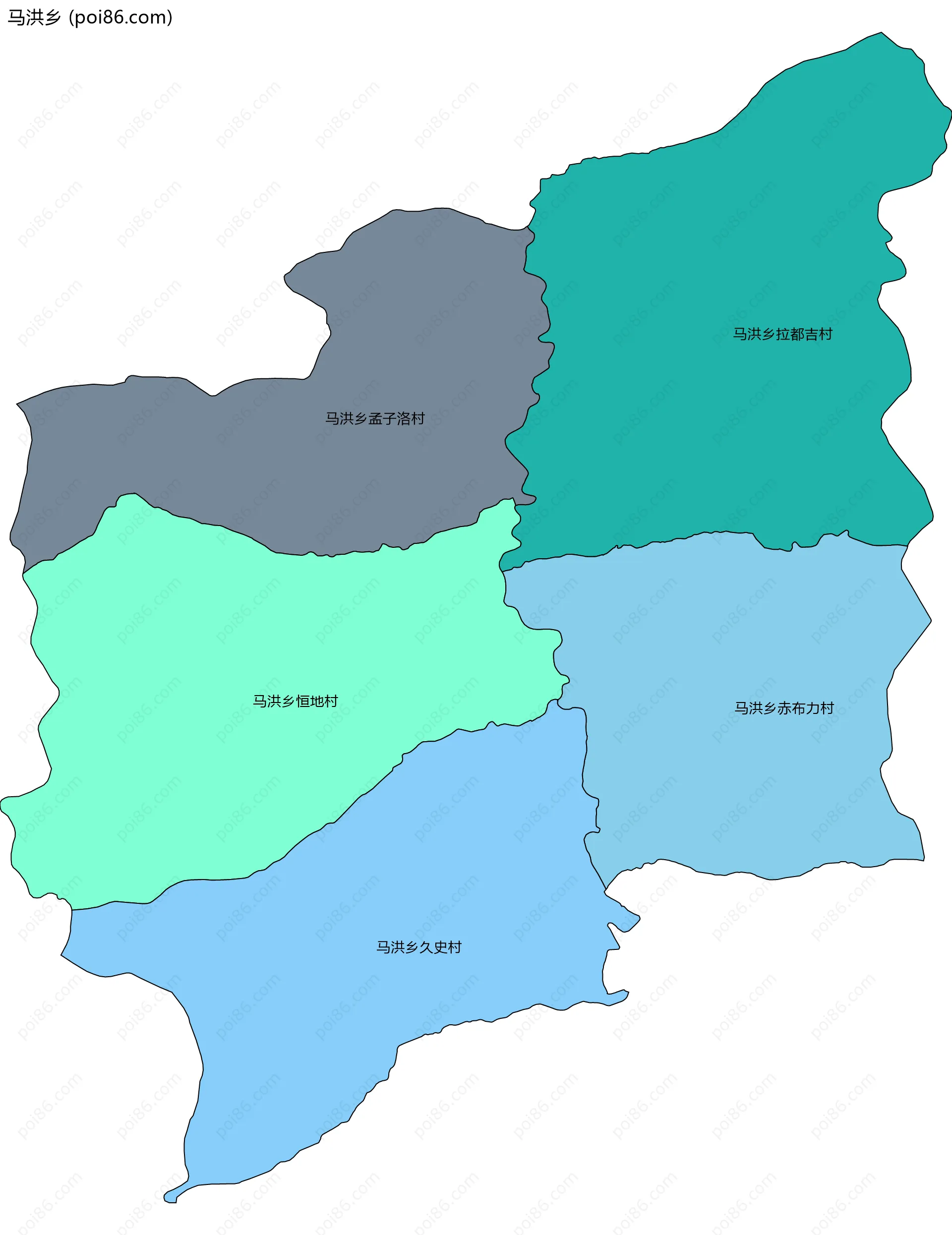 马洪乡边界地图(五级行政区划)