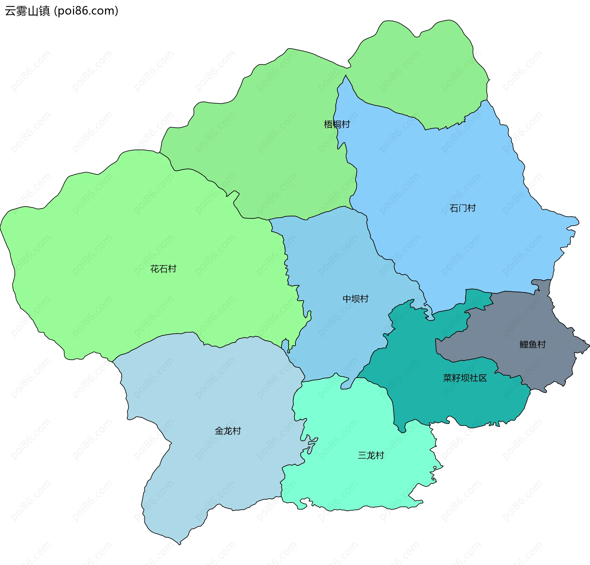 云雾山镇边界地图(五级行政区划)
