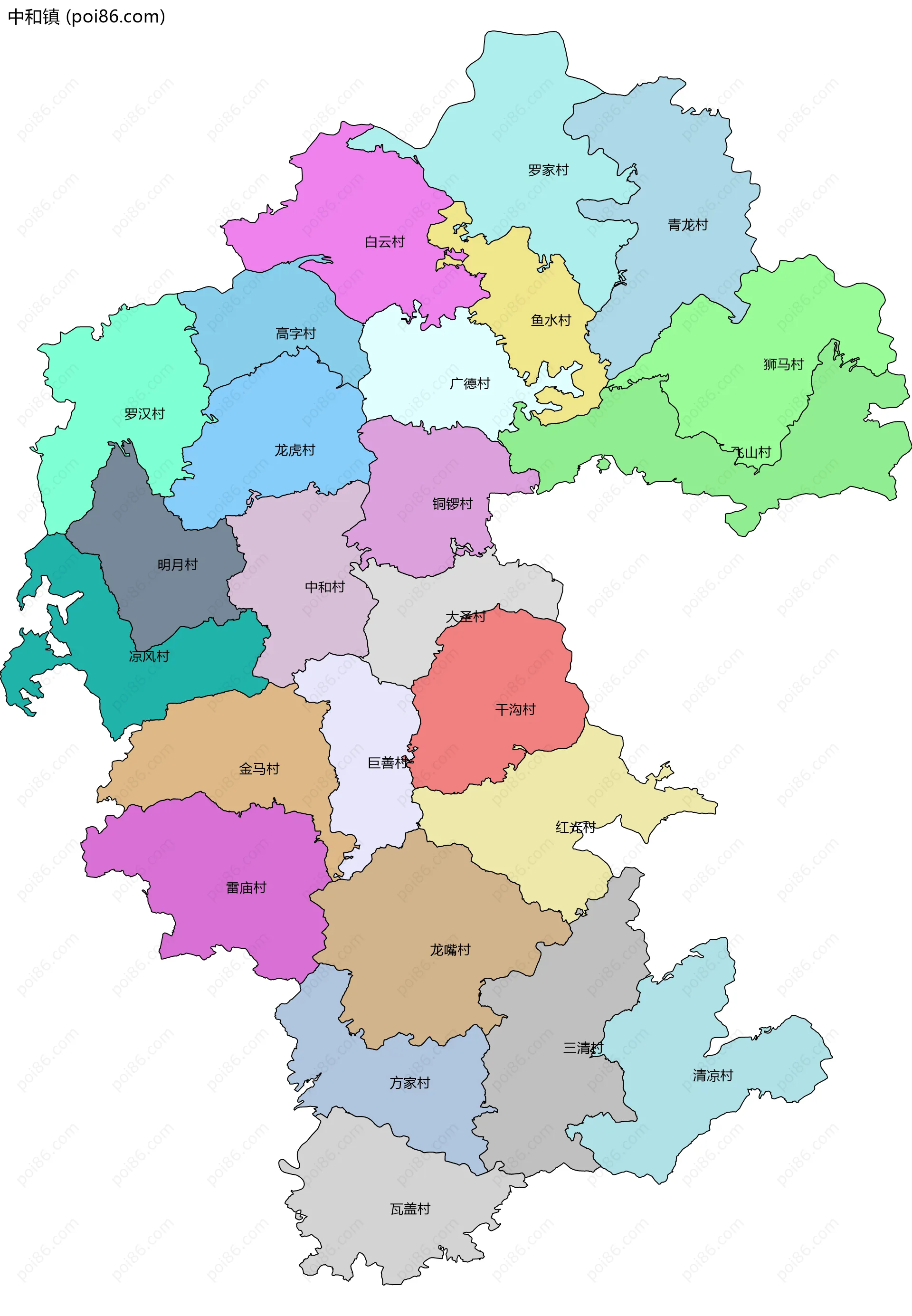 中和镇边界地图(五级行政区划)