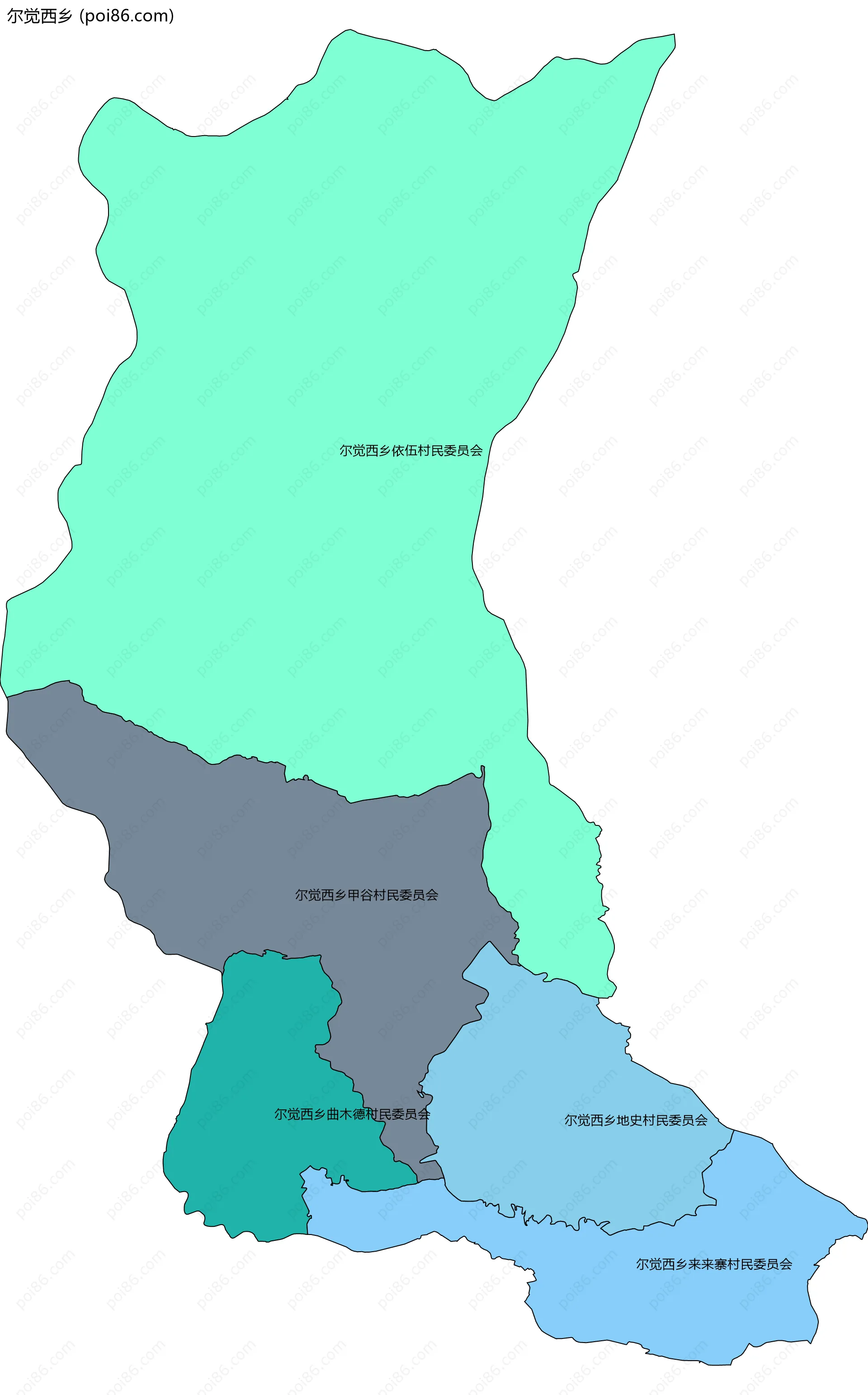 尔觉西乡边界地图(五级行政区划)