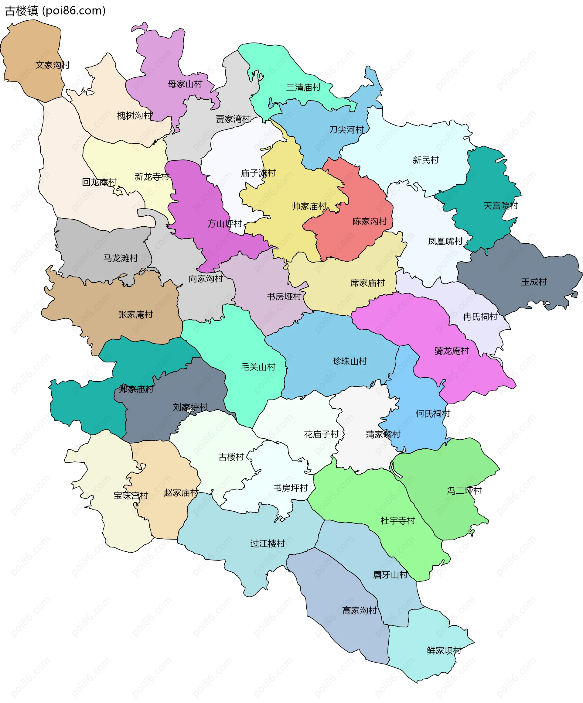 古楼镇边界地图(五级行政区划)