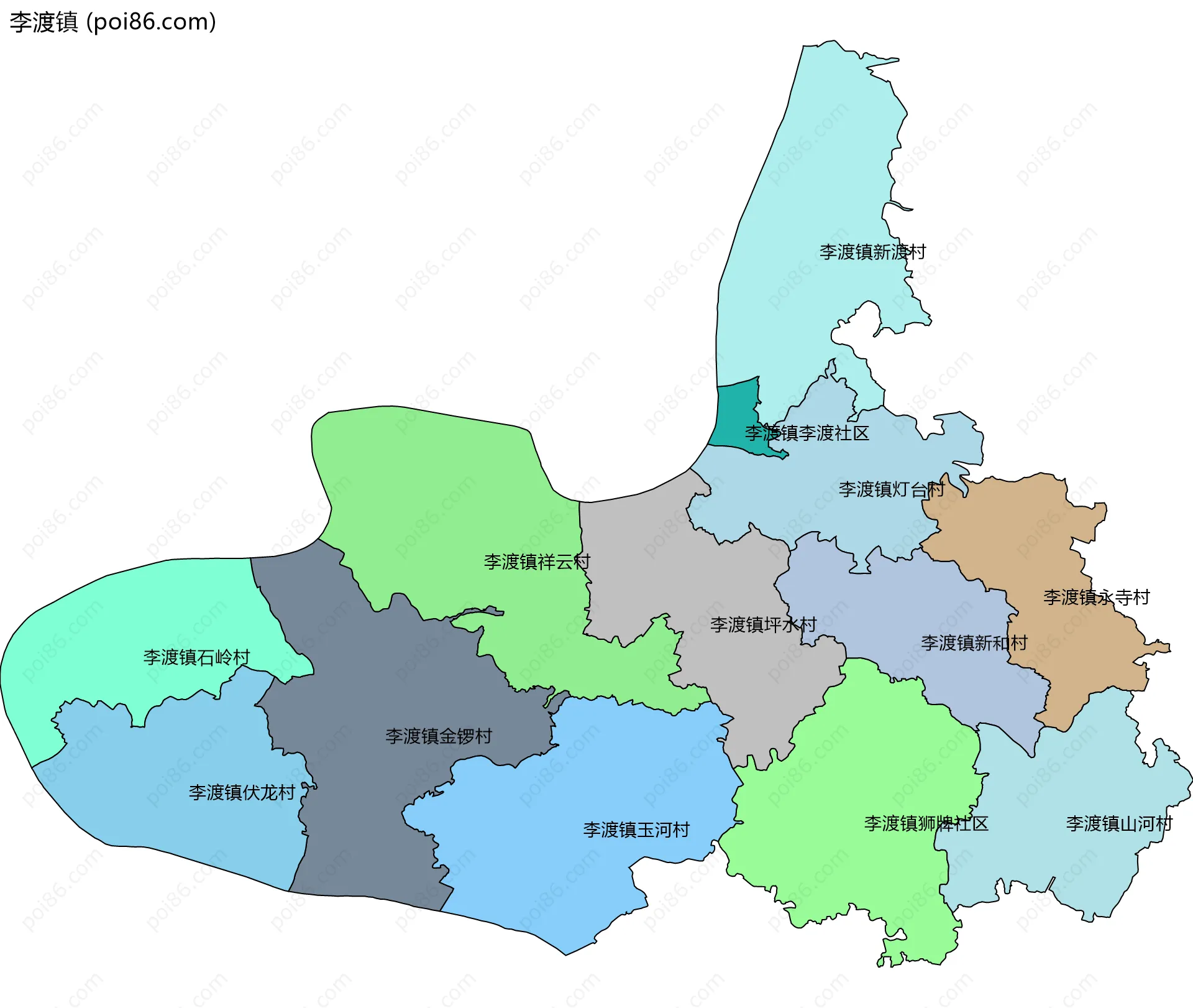 李渡镇边界地图(五级行政区划)