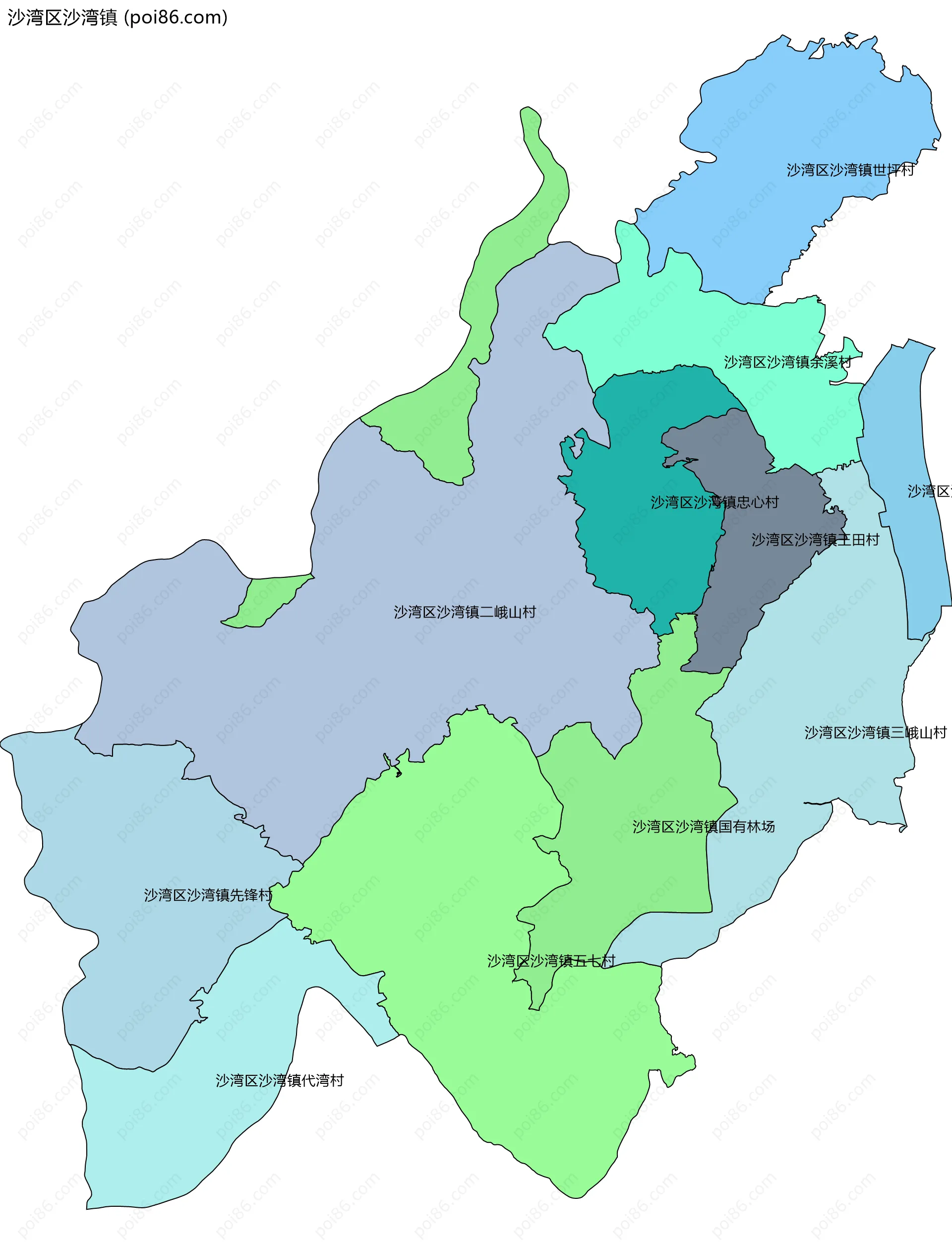 沙湾区沙湾镇边界地图(五级行政区划)