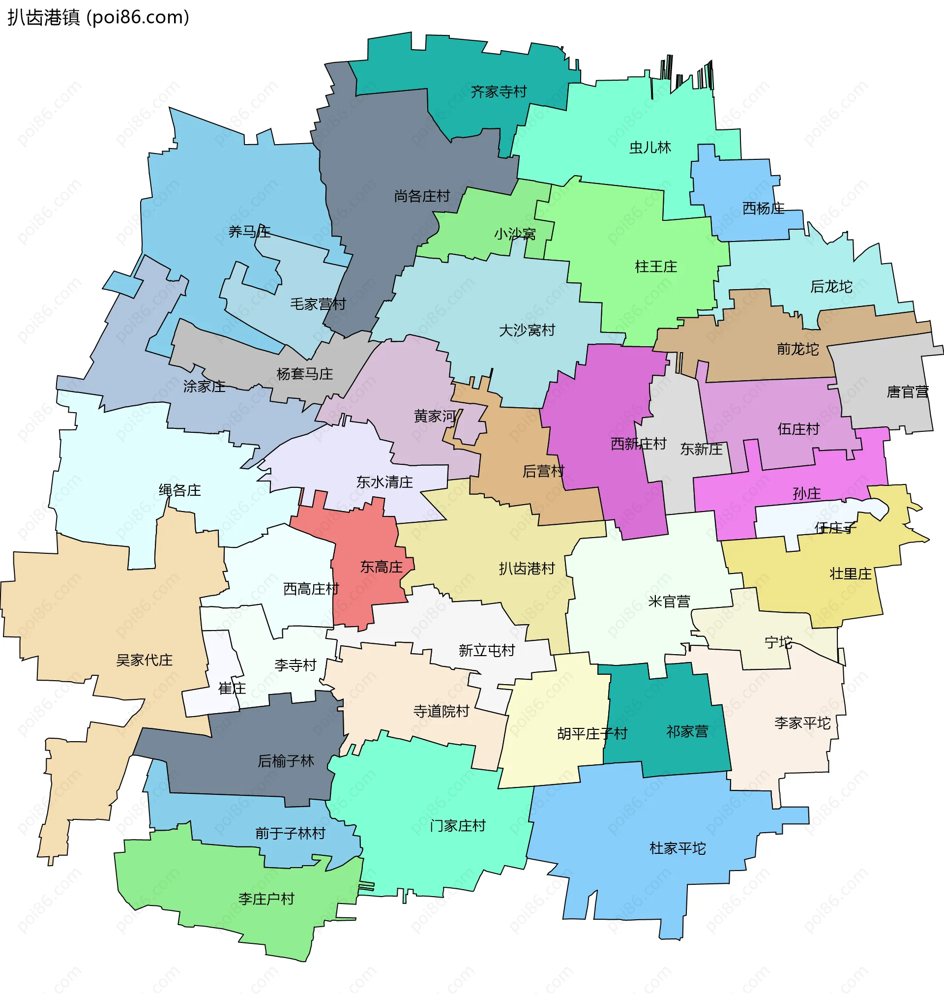 扒齿港镇边界地图(五级行政区划)