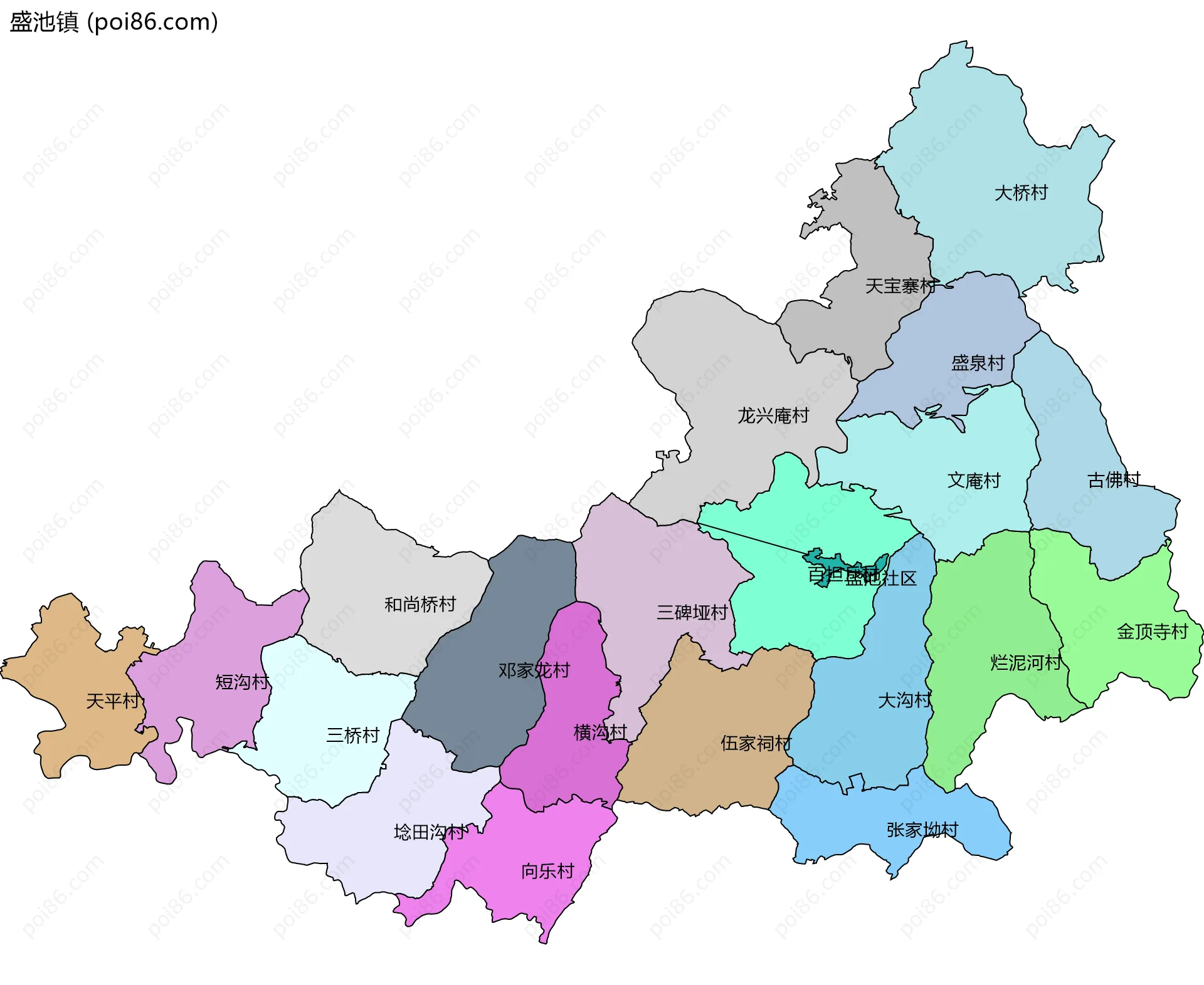 盛池镇边界地图(五级行政区划)