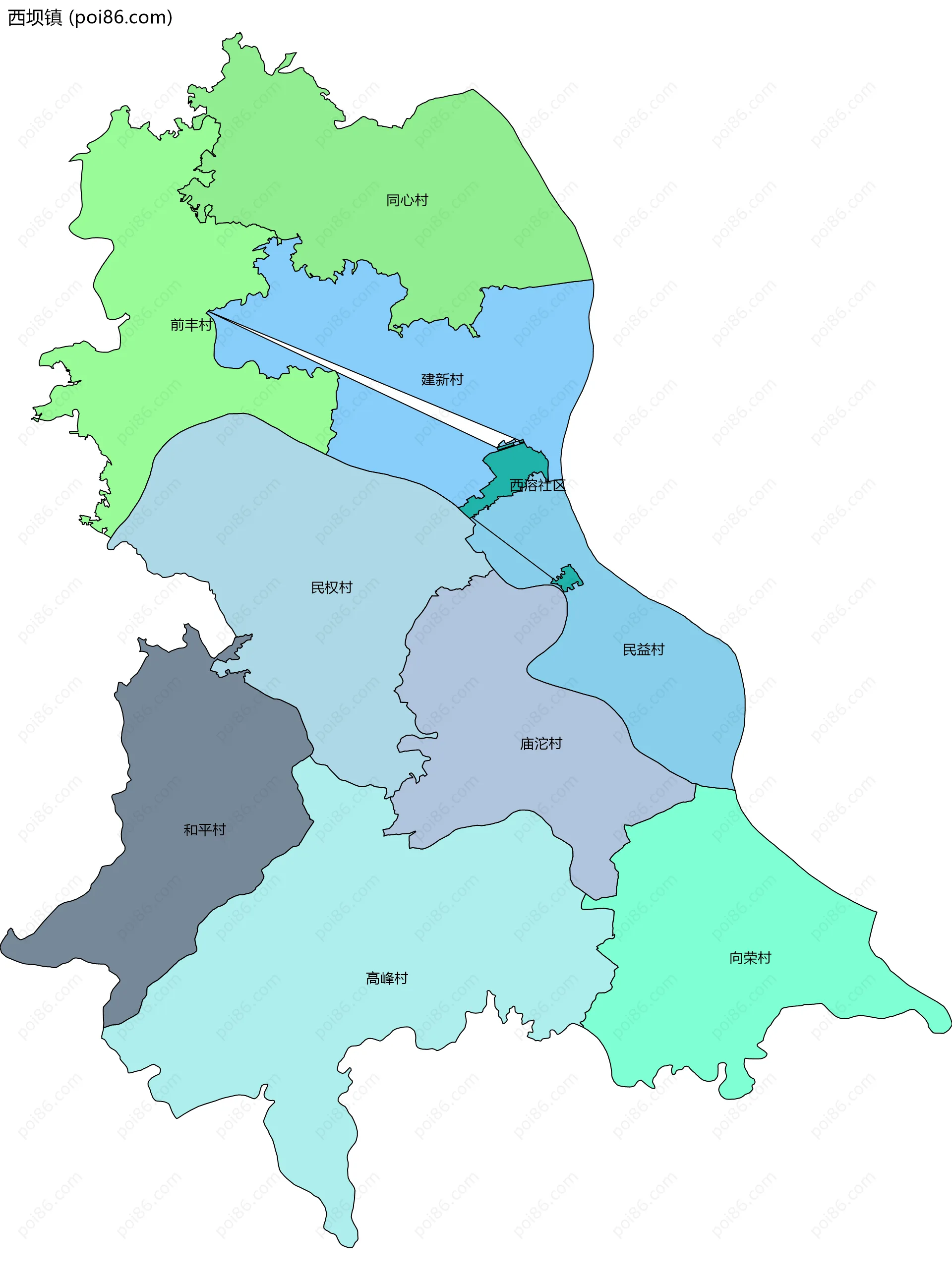 西坝镇边界地图(五级行政区划)
