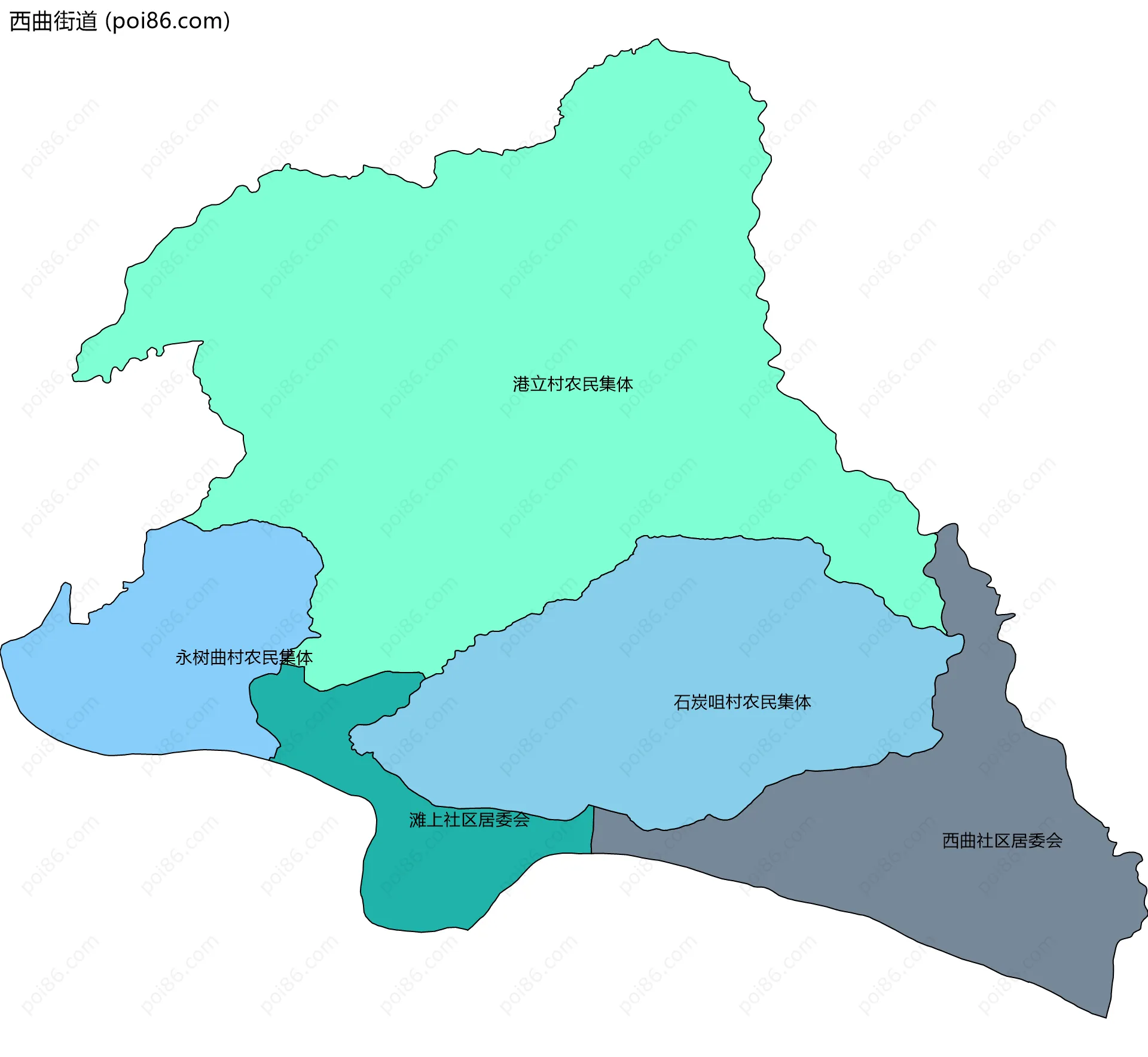 西曲街道边界地图(五级行政区划)