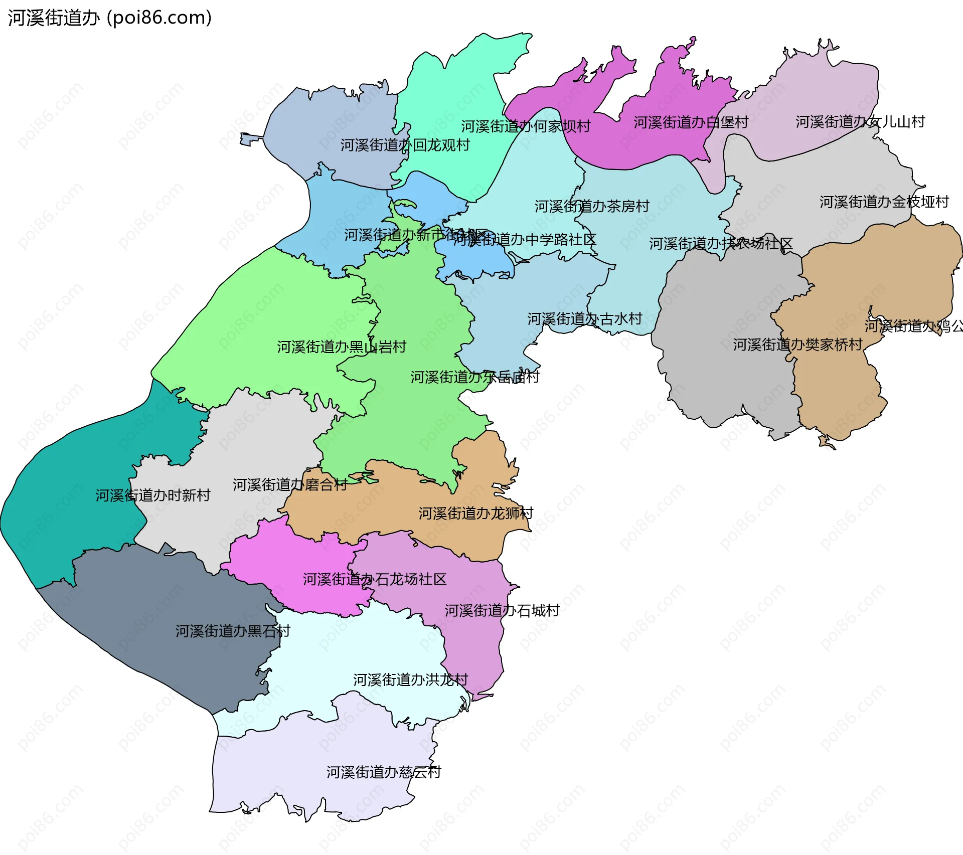 河溪街道办边界地图(五级行政区划)