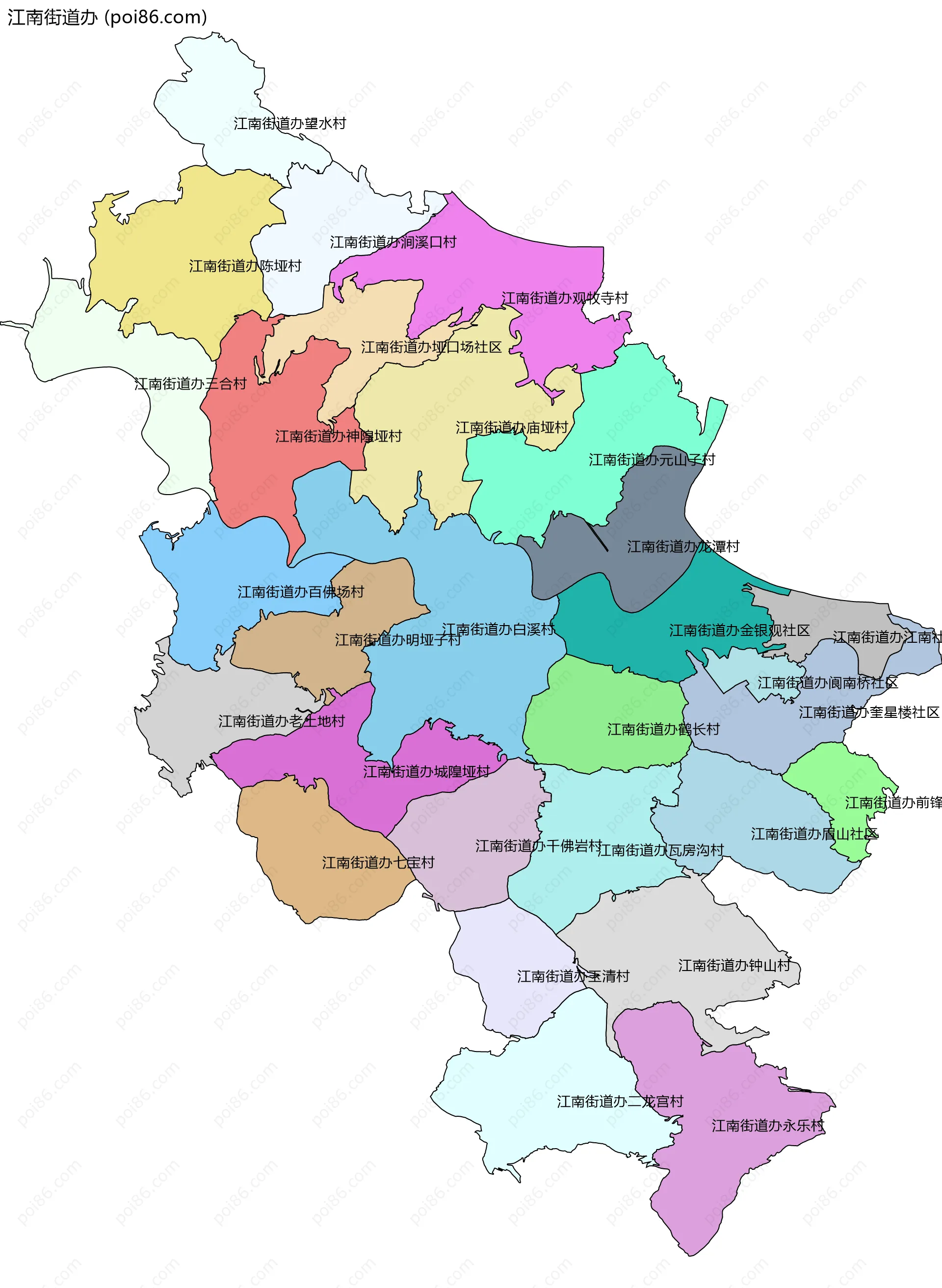 江南街道办边界地图(五级行政区划)