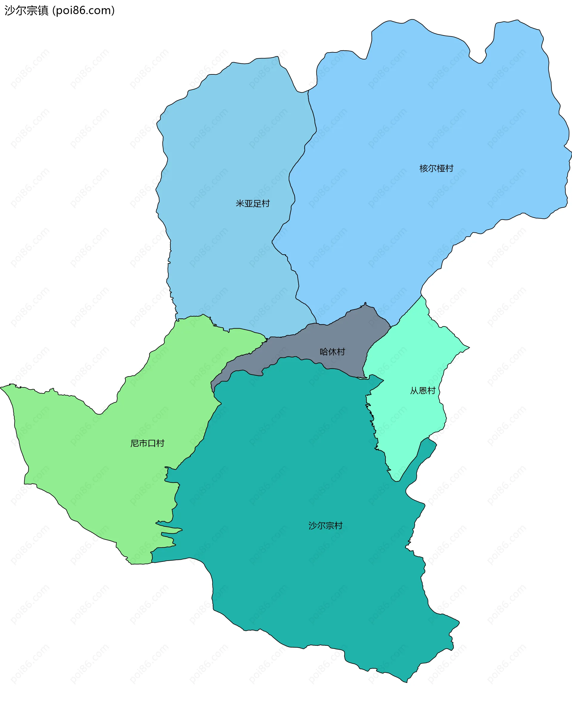 沙尔宗镇边界地图(五级行政区划)