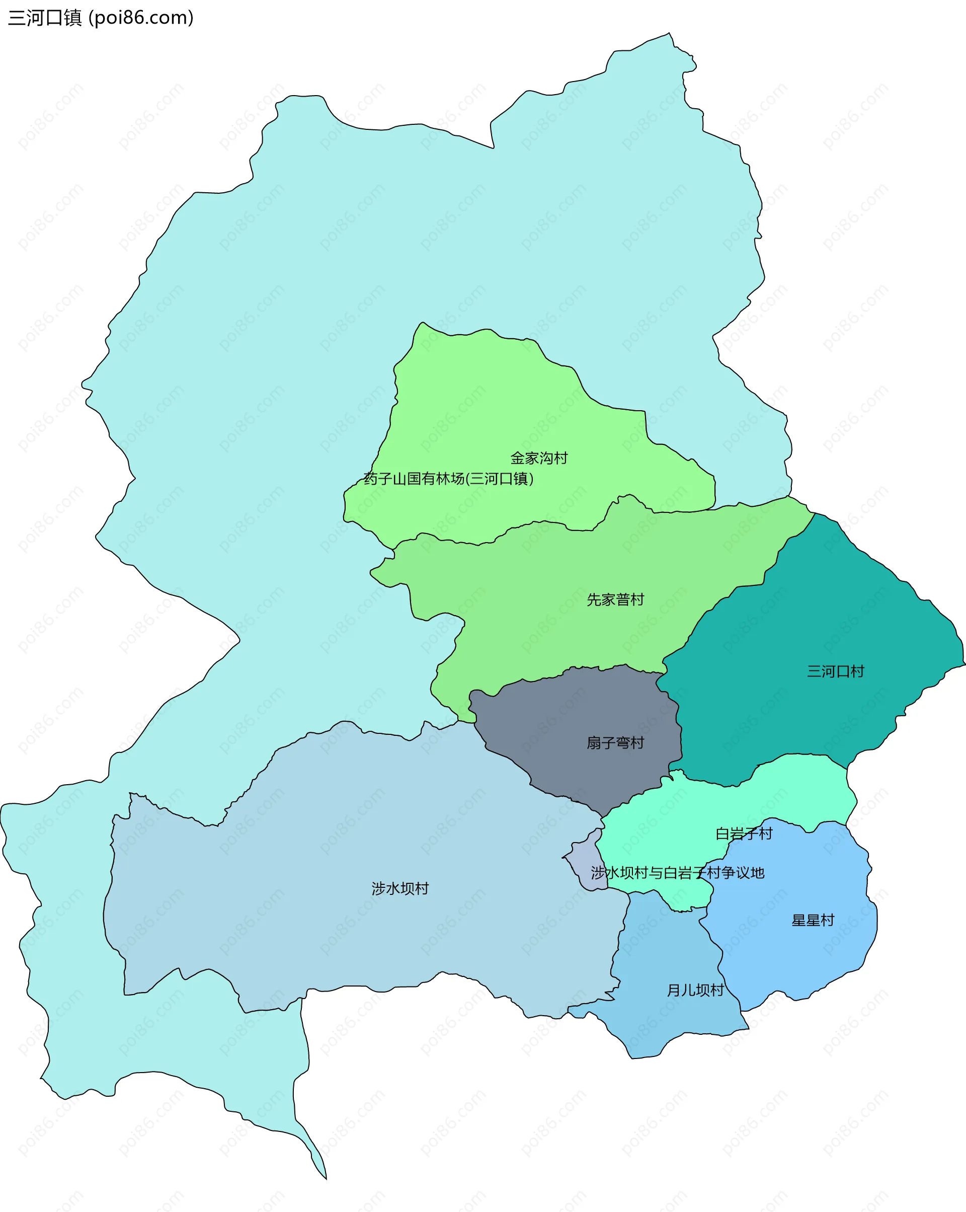 三河口镇边界地图(五级行政区划)