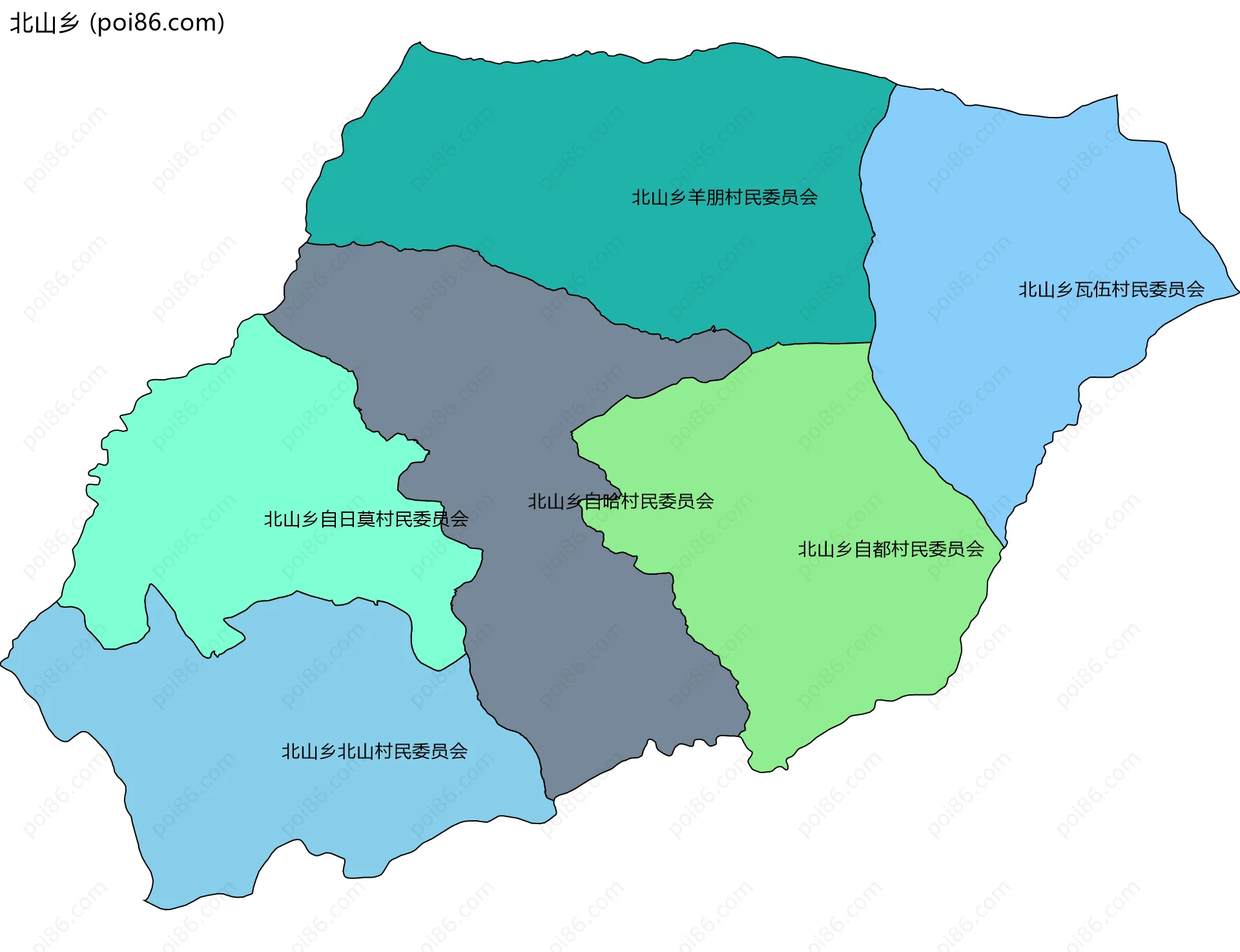 北山乡边界地图(五级行政区划)