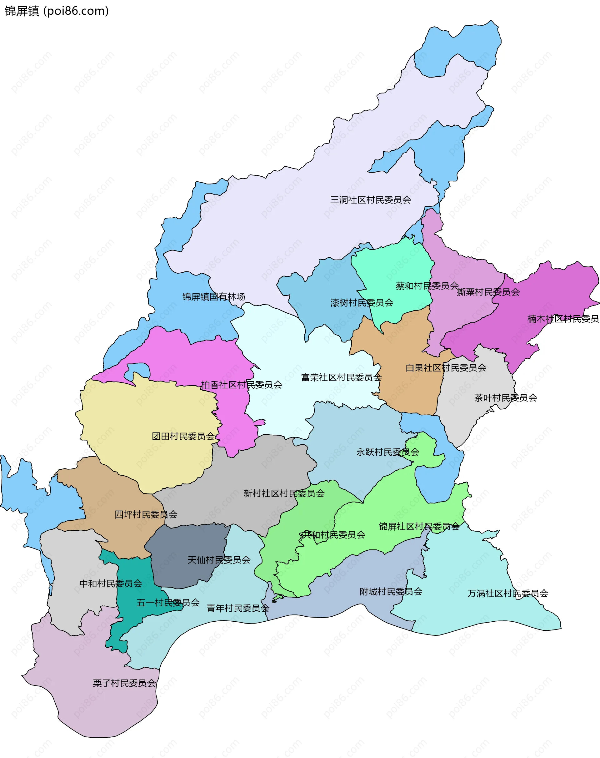 锦屏镇边界地图(五级行政区划)