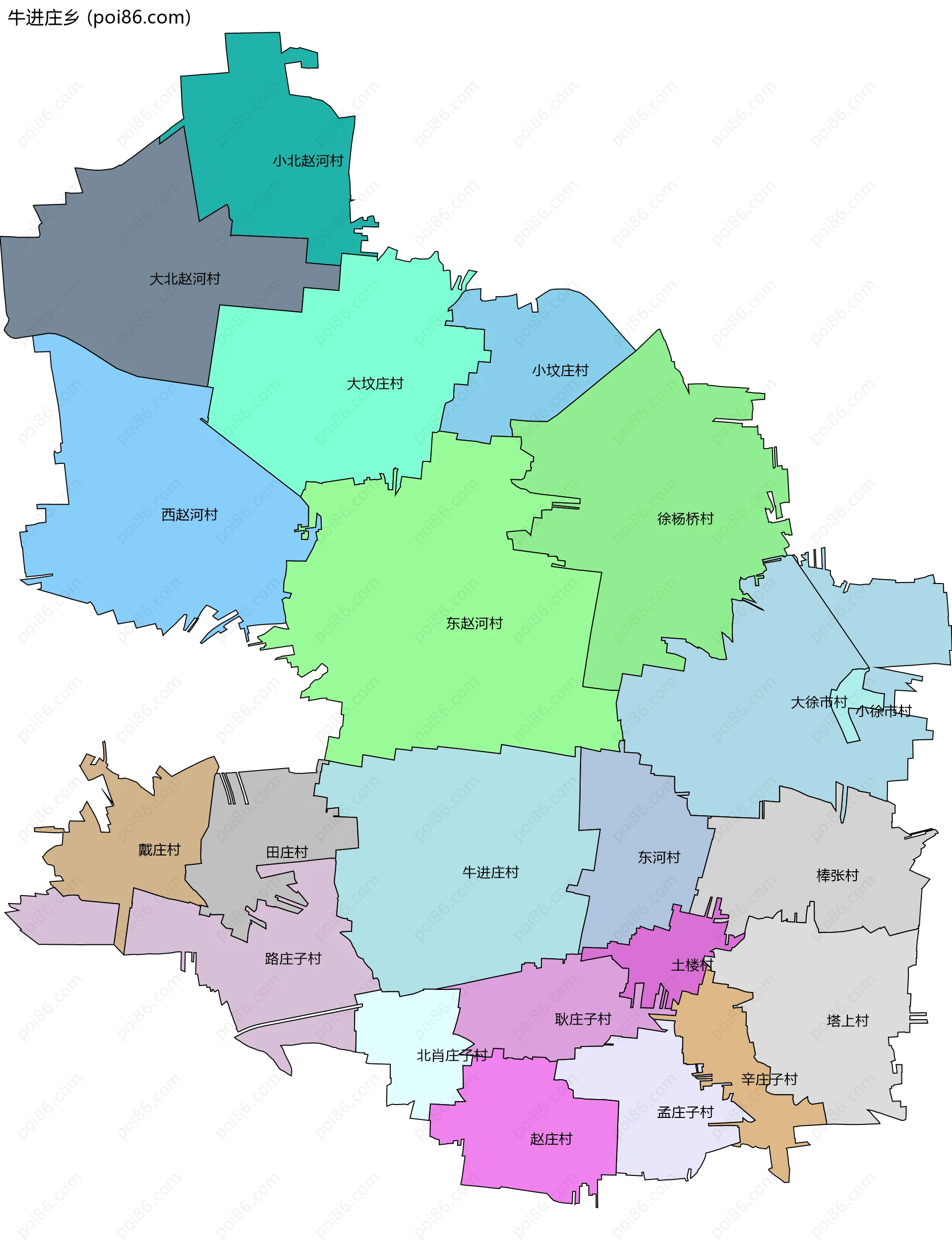 牛进庄乡边界地图(五级行政区划)