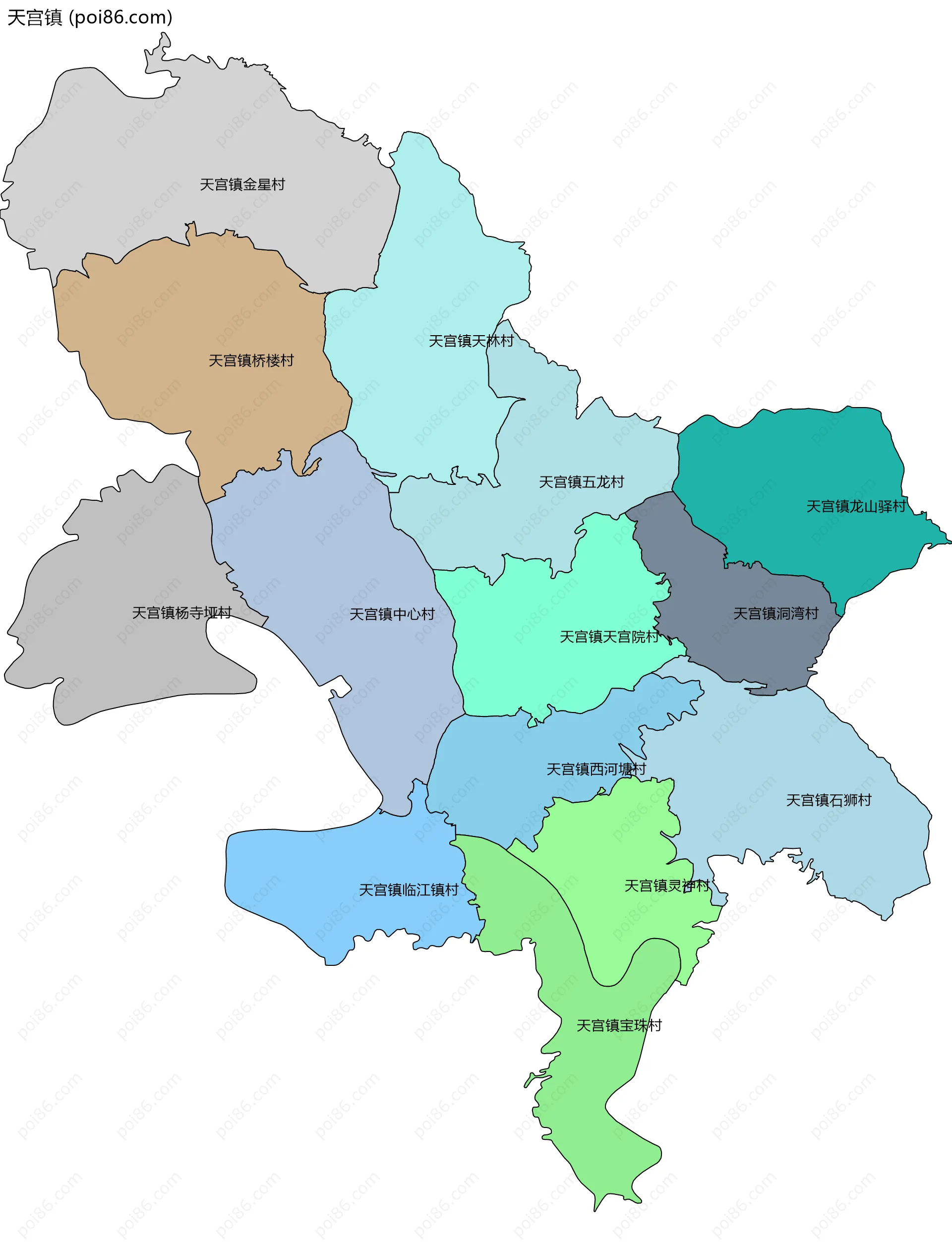 天宫镇边界地图(五级行政区划)