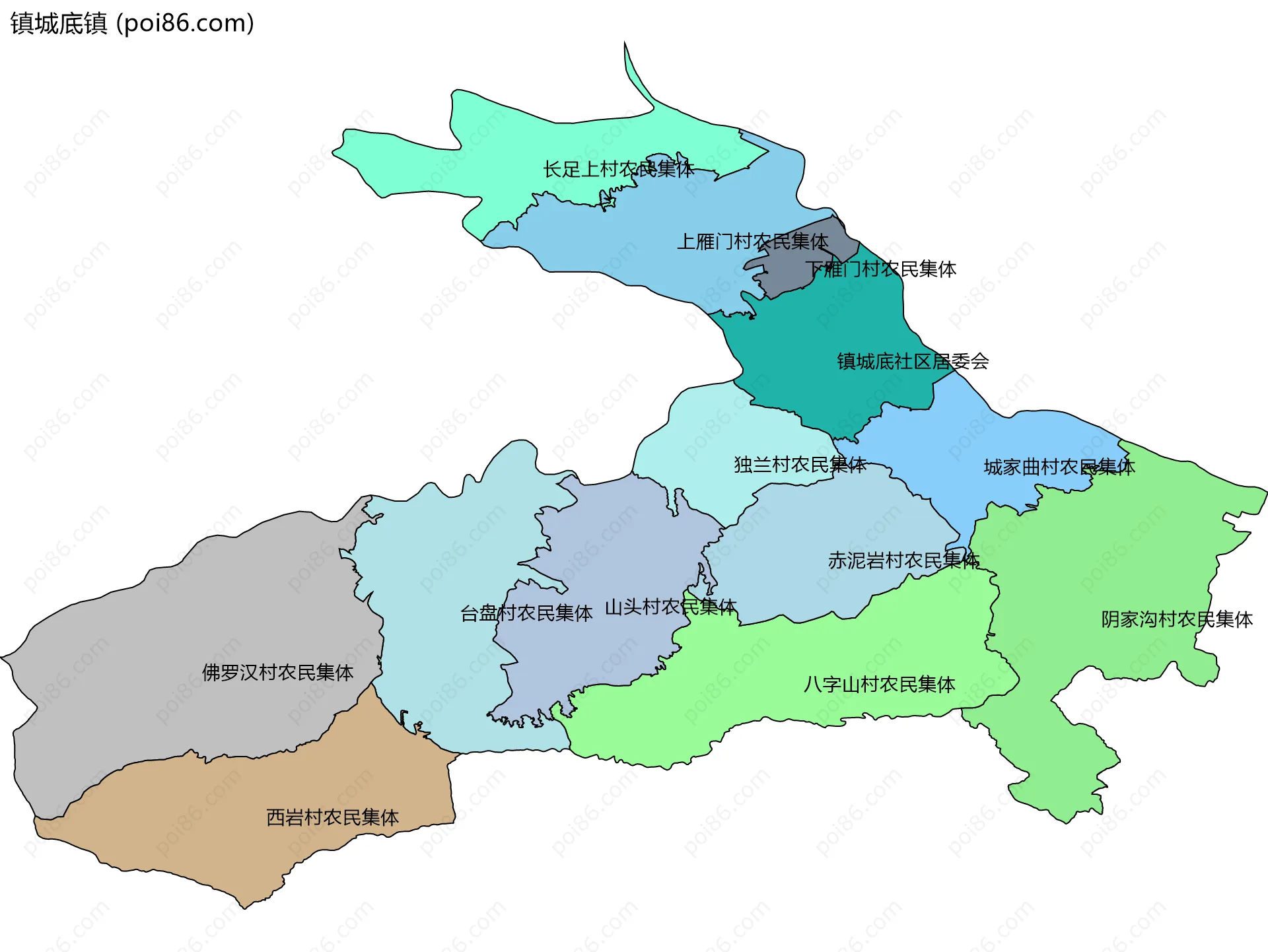 镇城底镇边界地图(五级行政区划)