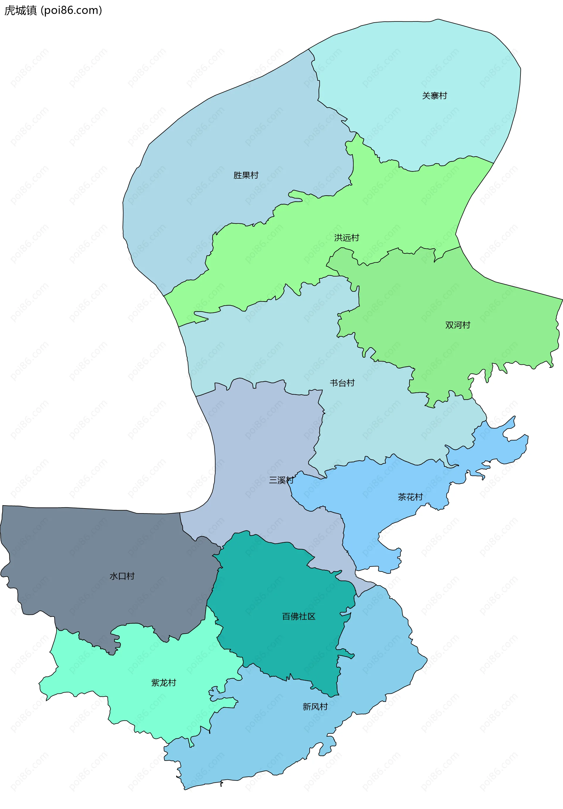 虎城镇边界地图(五级行政区划)