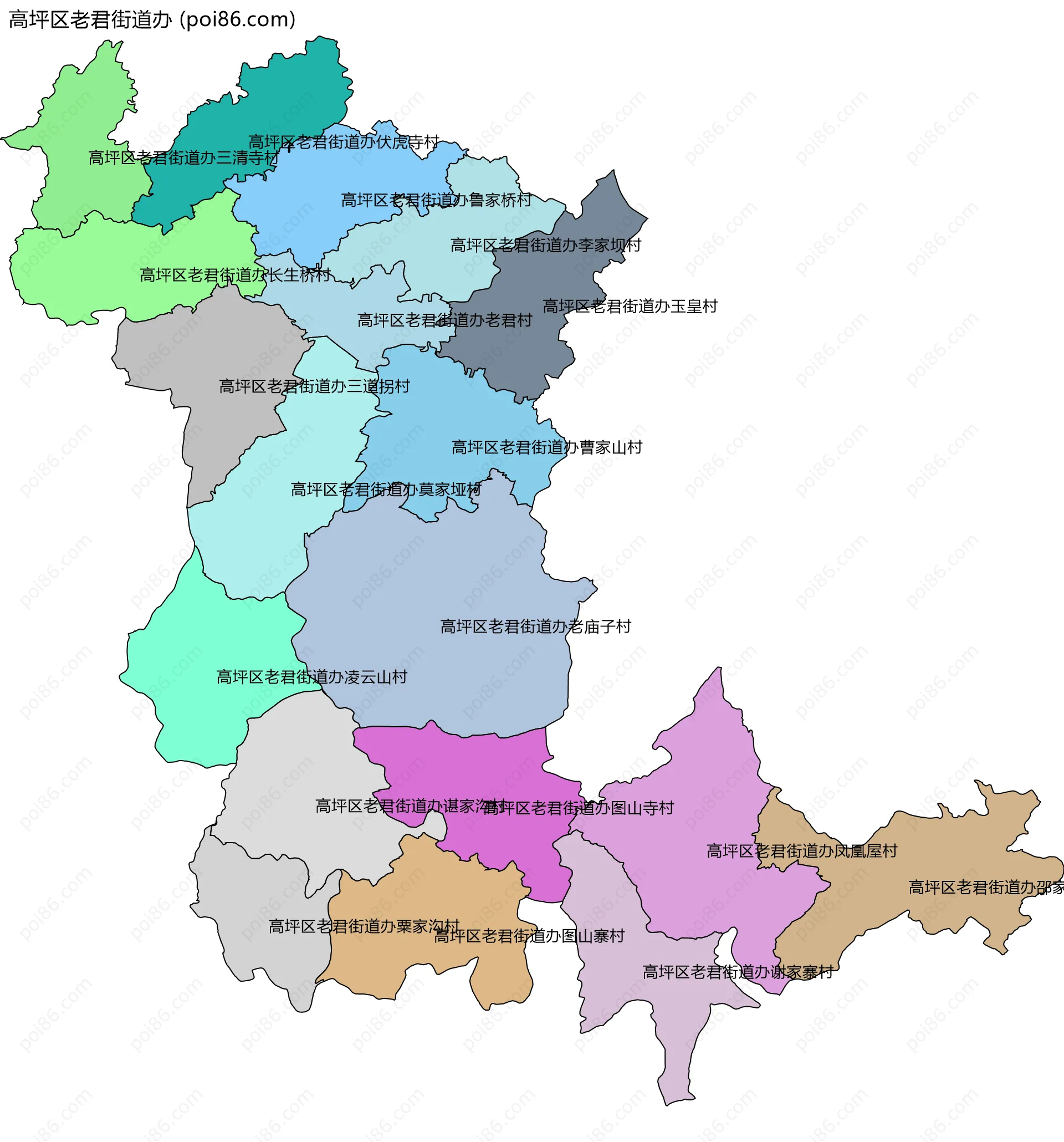 高坪区老君街道办边界地图(五级行政区划)
