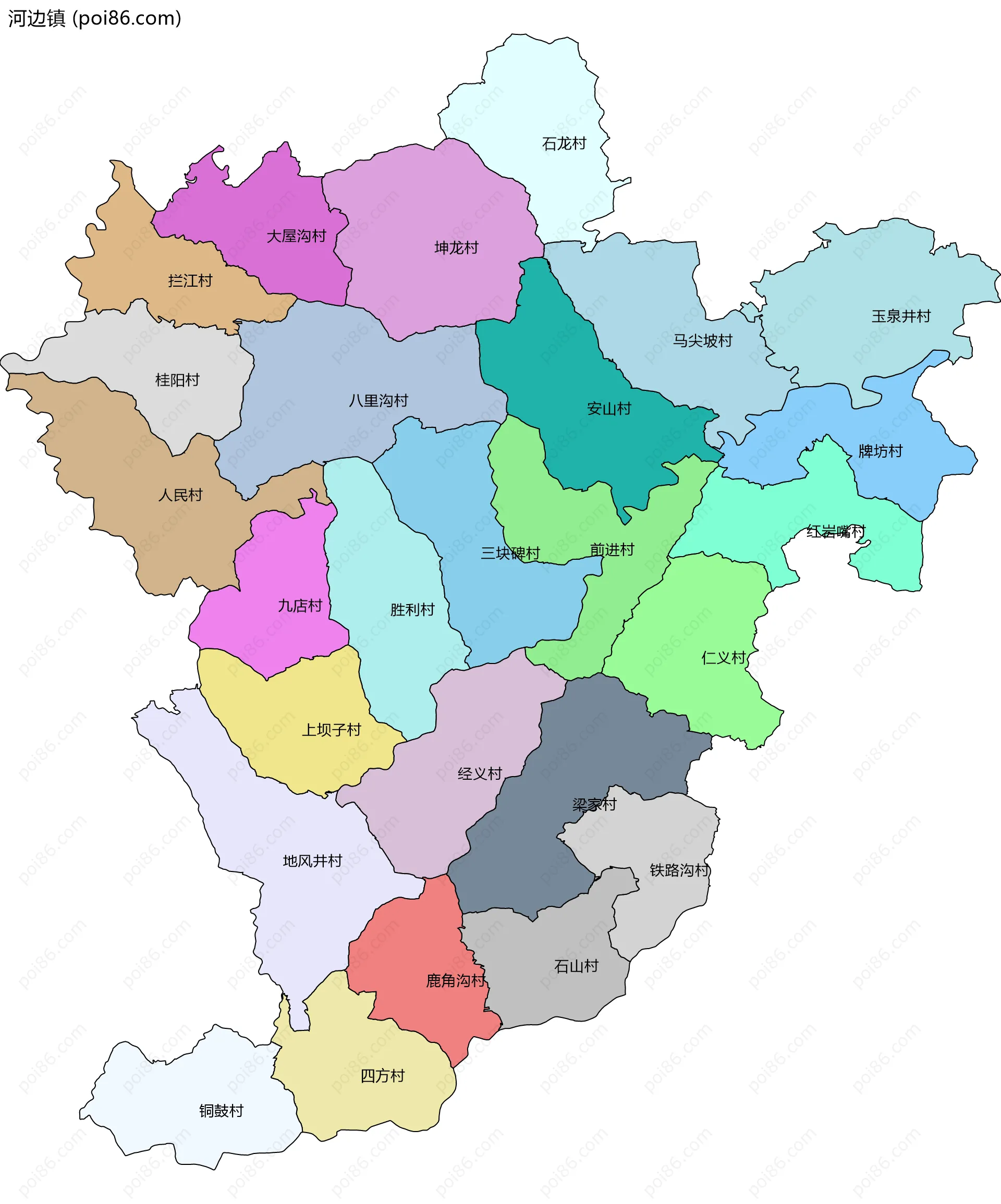 河边镇边界地图(五级行政区划)