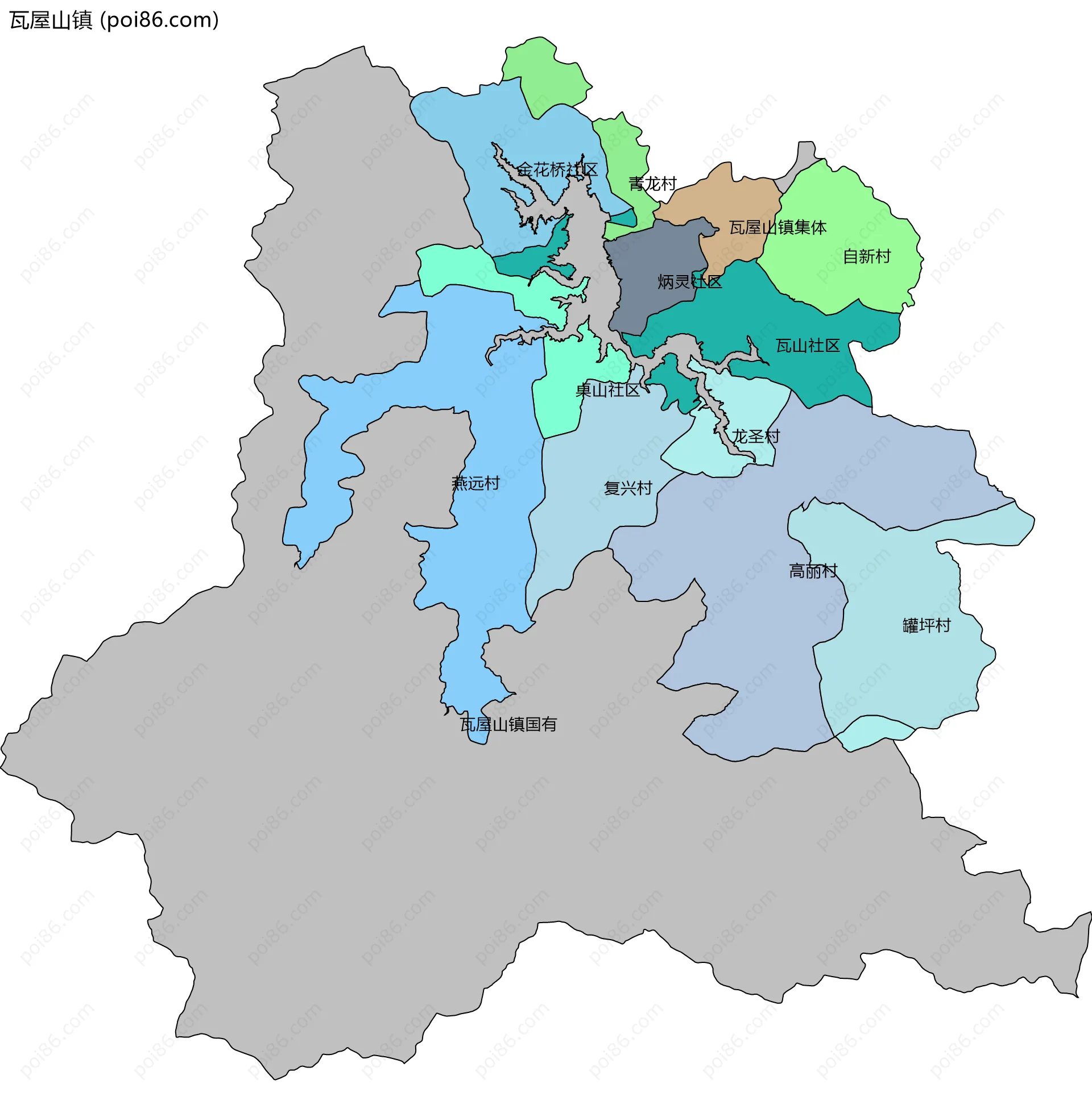 瓦屋山镇边界地图(五级行政区划)