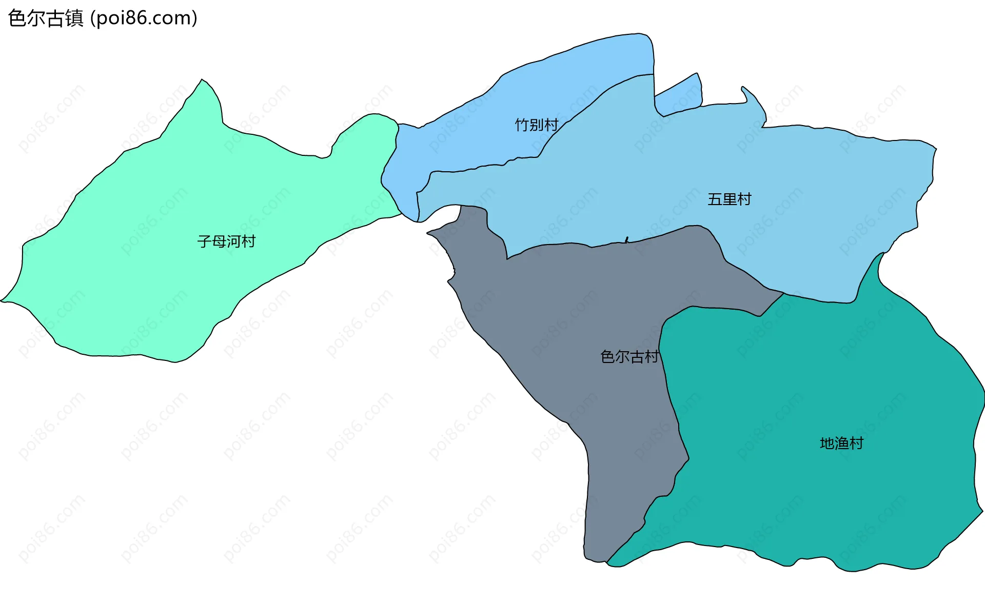 色尔古镇边界地图(五级行政区划)