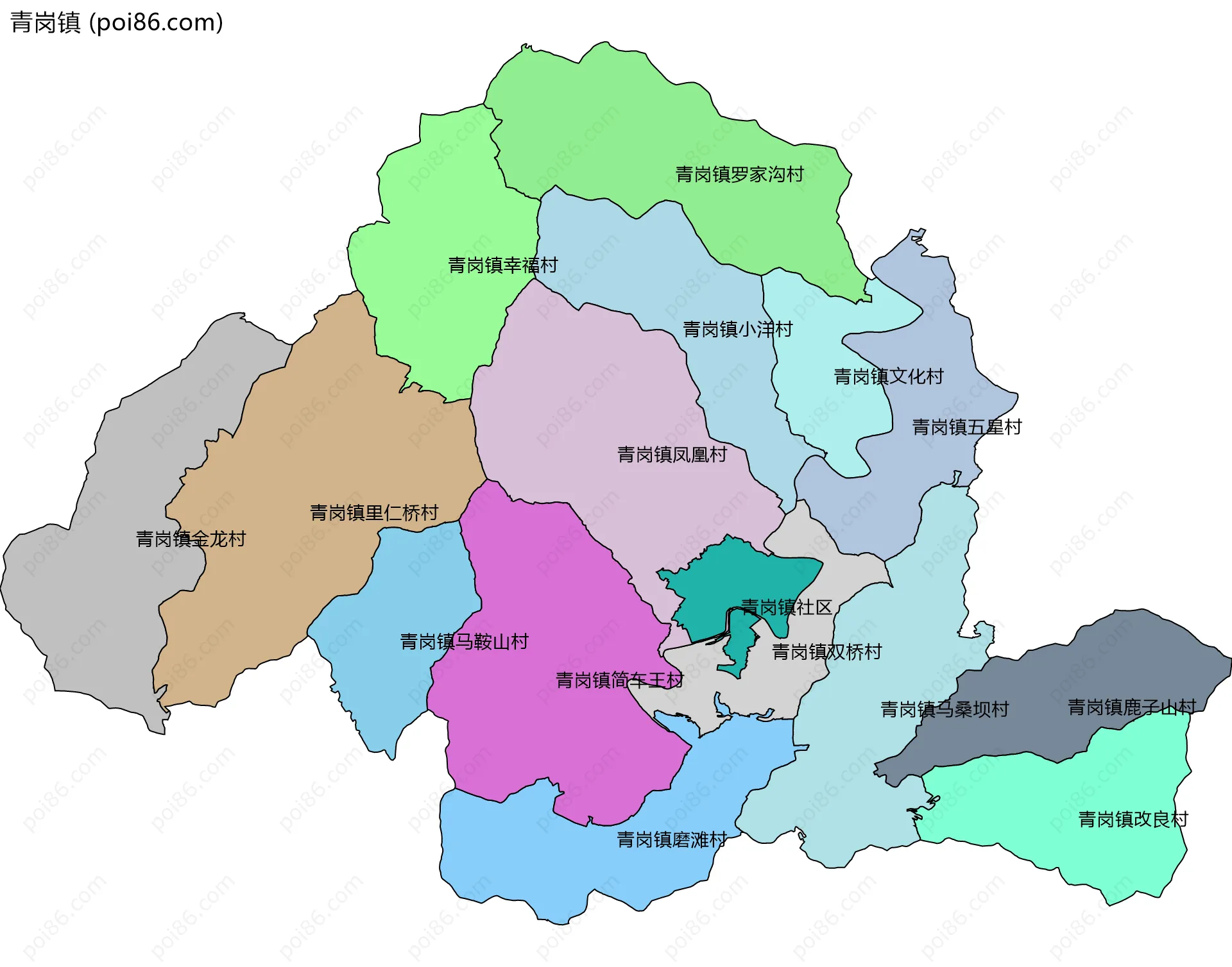 青岗镇边界地图(五级行政区划)