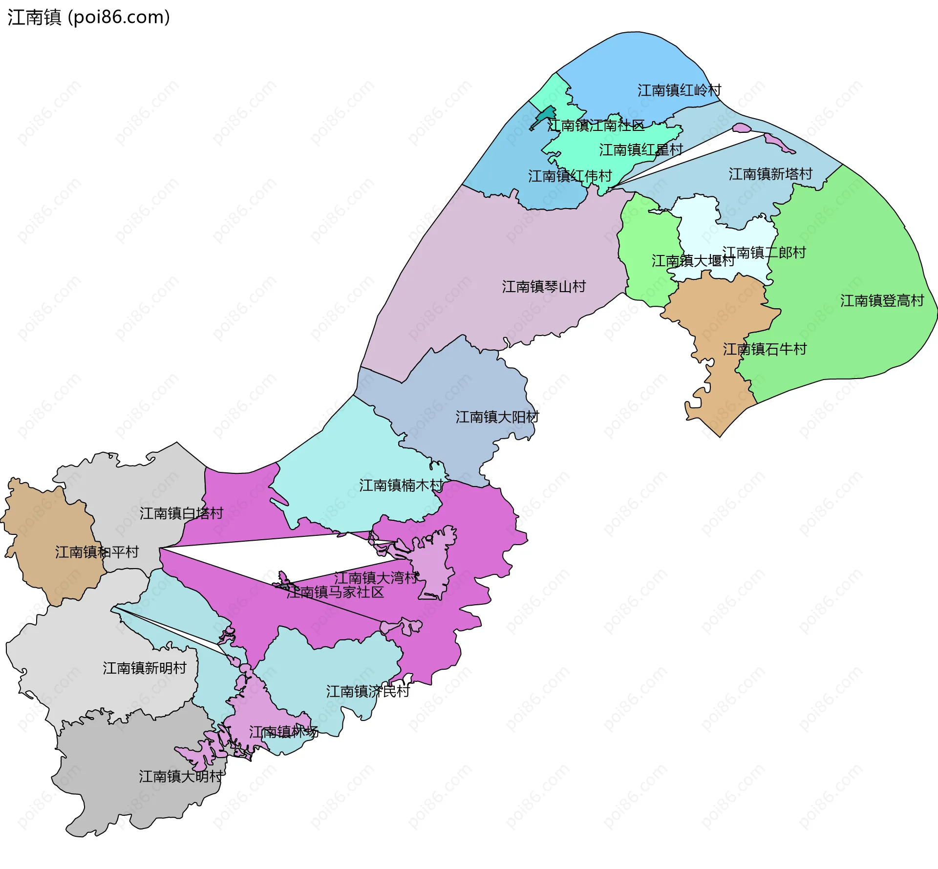 江南镇边界地图(五级行政区划)